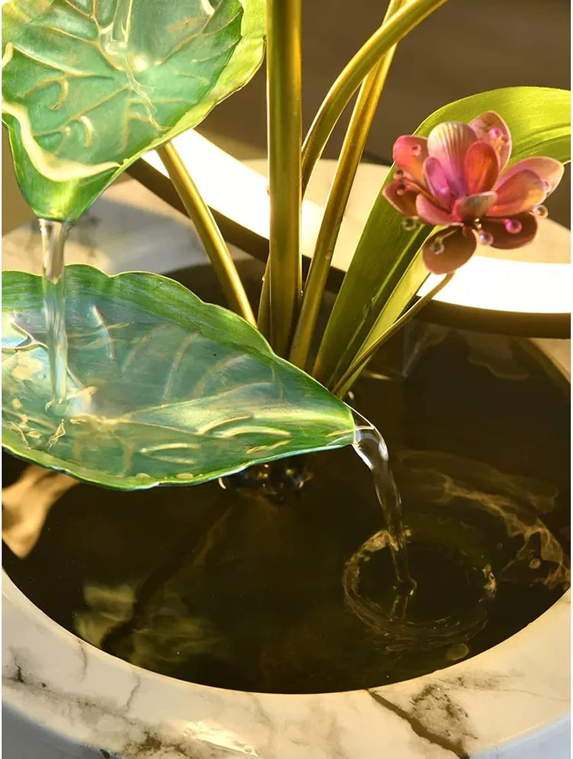 Tabletop Fountain Indoor Water Fountain 5 Tier Lotus Leaf Tabletop Relaxation Waterfall for Room Decoration LED with Round Warm Yellow Scene Light(Black)