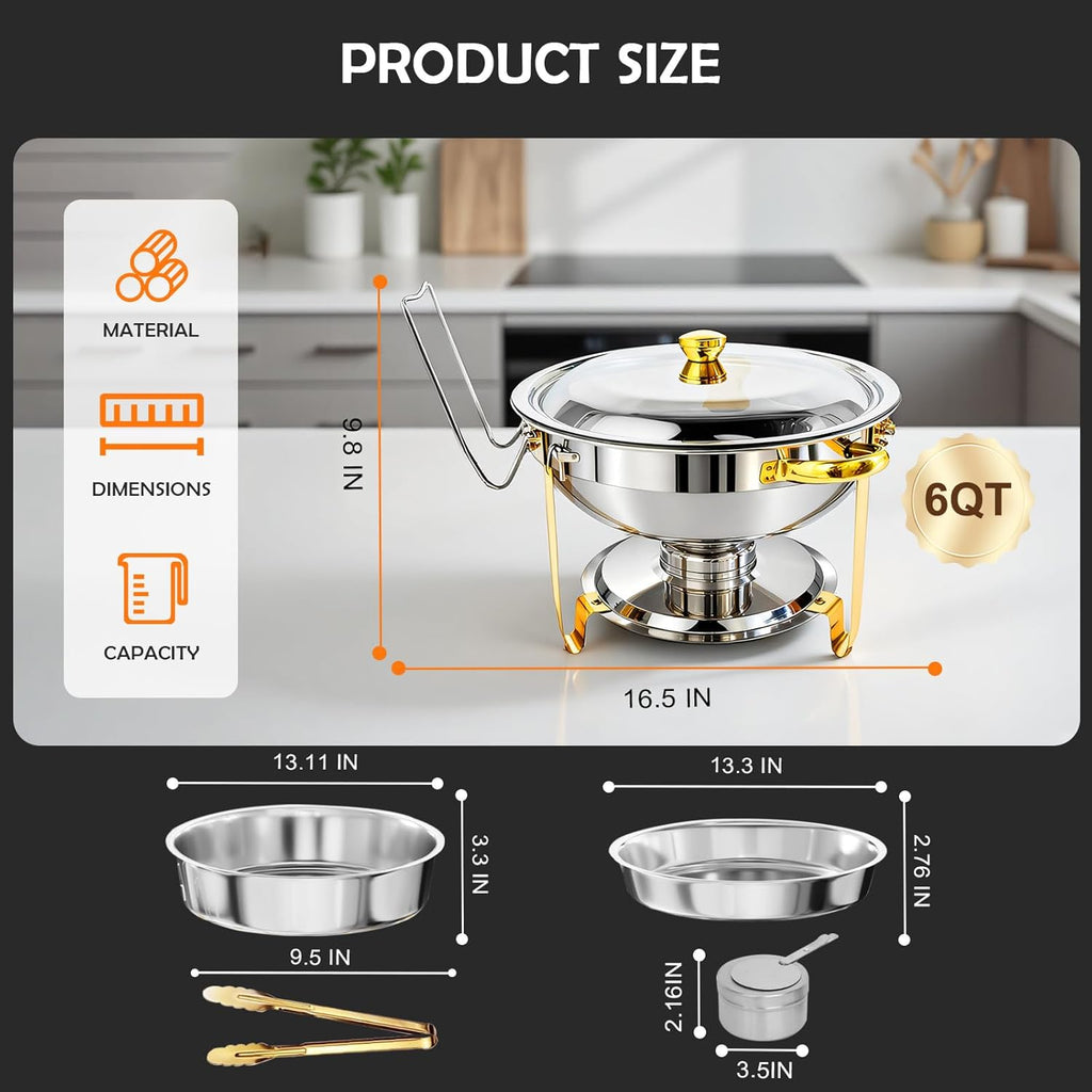 ALSO GO Round Chafing Dishes for Buffet with 4 Serving Tongs, 4 Pack 6QT Chafing Dishes Buffet Set, Golden Stainless Steel Catering Food Warmer for for Party, Gathering, Banquet, Wedding