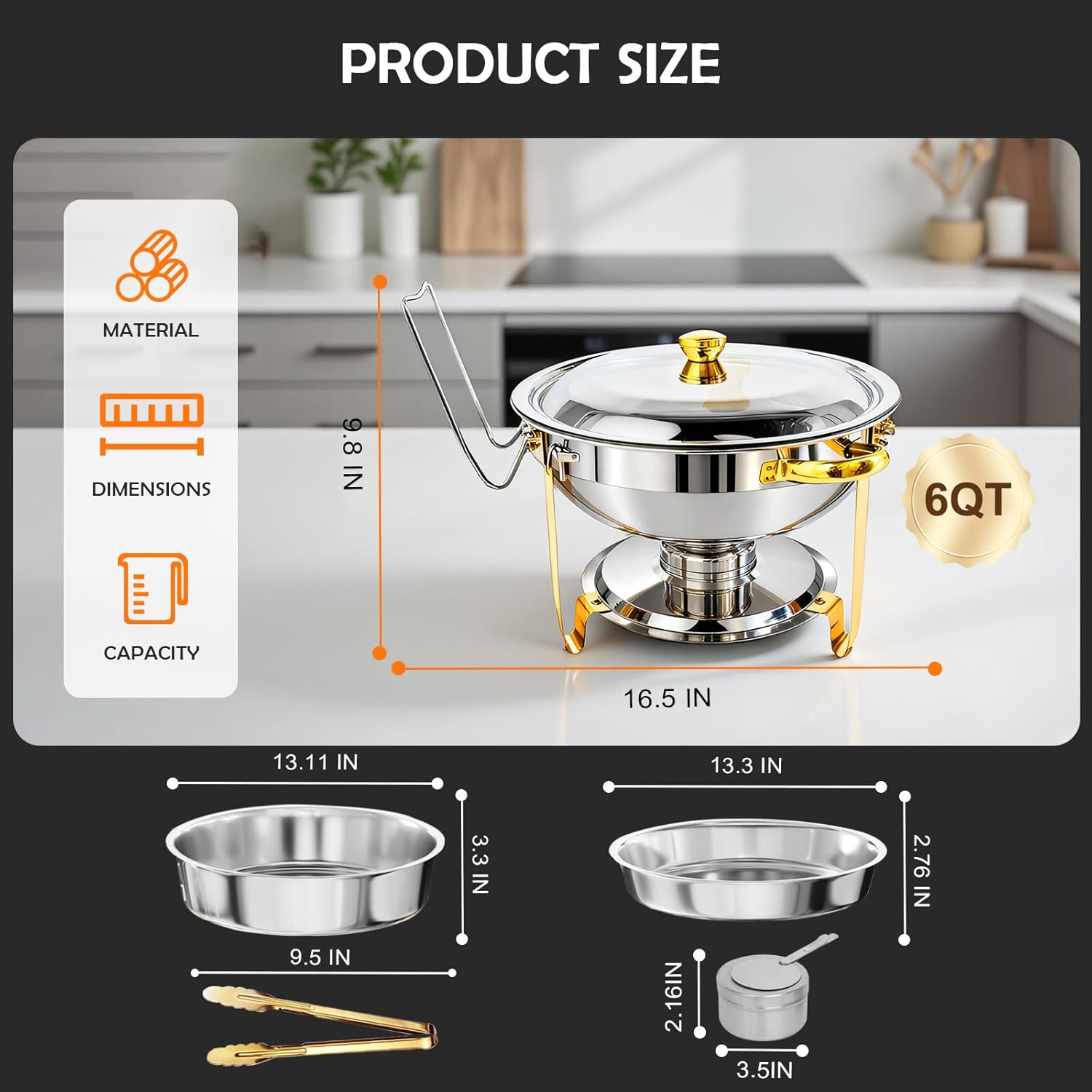 ALSO GO Round Chafing Dishes for Buffet with 4 Serving Tongs, 4 Pack 6QT Chafing Dishes Buffet Set, Golden Stainless Steel Catering Food Warmer for for Party, Gathering, Banquet, Wedding