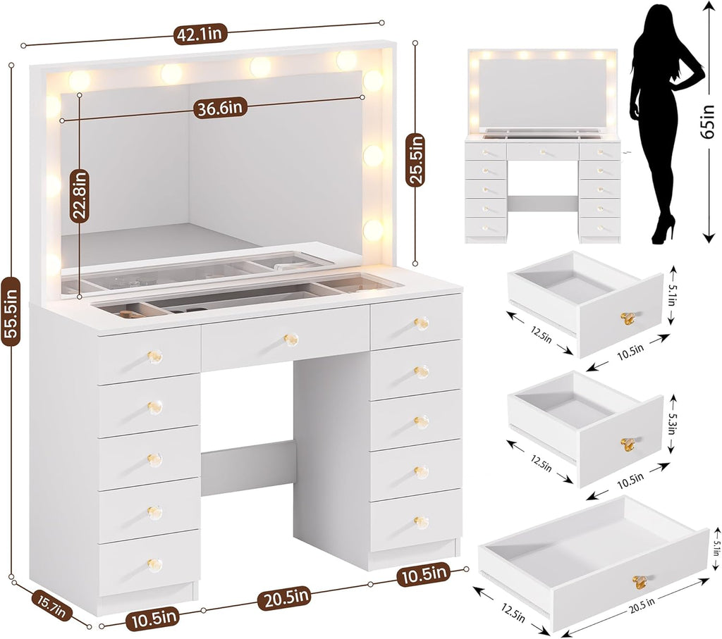 DINGIPP Vanity with Large Mirror and 10 LED Lights, Vanity Desk with Glasstop, 11 Drawers with Crystal Handles, Dressing Table with Power Outlet as Gift for Women, Girls (White)