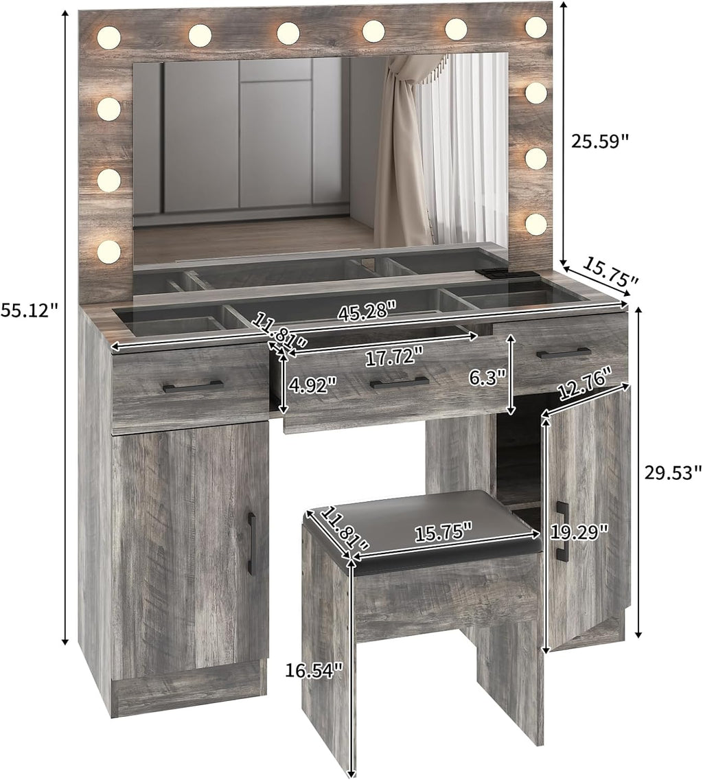VINGLI Vanity Desk with LED Lighted Mirror & Padded Stool, Makeup Table with Drawers & Cabinets & Power Outlet & Glass Top & 12 Light Bulbs with 3 Colors for Dressing Room Bedroom, Grey