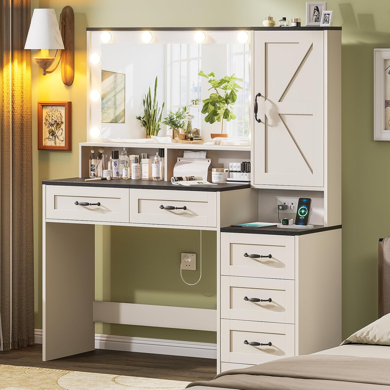 Farmhouse Vanity Desk with Mirror and 10 Led Lights, 45.3 ' Large Makeup Vanity Table with Power Outlet, 5 Drawers and 1 cabinet, Vanity Set Dressing Table with 9 Hooks for Women Girls (White+Black)