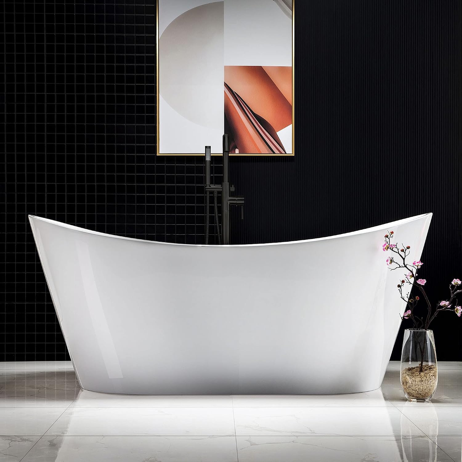 WOODBRIDGE 67' Acrylic Freestanding Bathtub Contemporary Soaking White Tub with Oil Rubbed Bronze Overflow and Drain，BTA1515-ORB-Drain&O