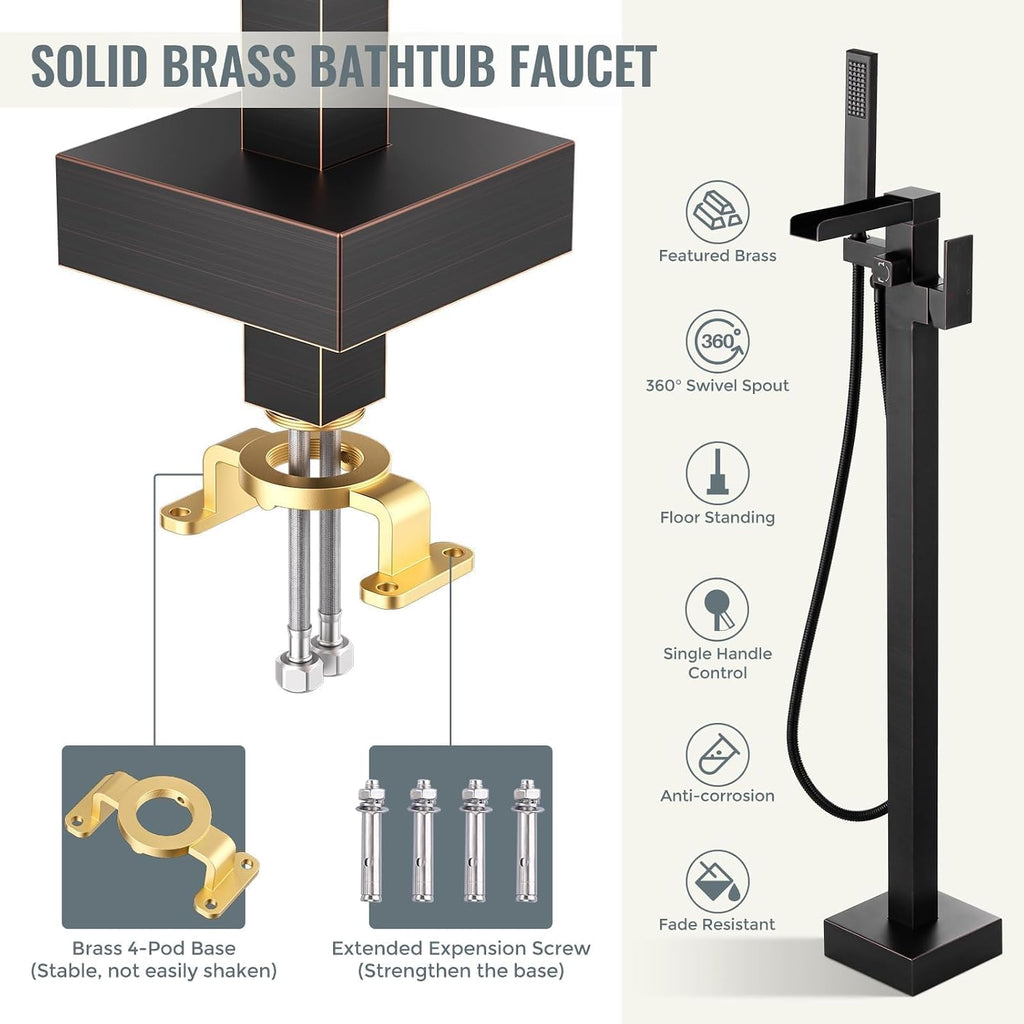 Freestanding Tub Faucet Oil Rubbed Bronze: ALEASHA High Flow Max 6.74 GPM Free Standing Tub Filler-Brass Modern Floor Mount Bathtub Faucet with Handheld Shower, for the Ultimate Elegant SPA Experience