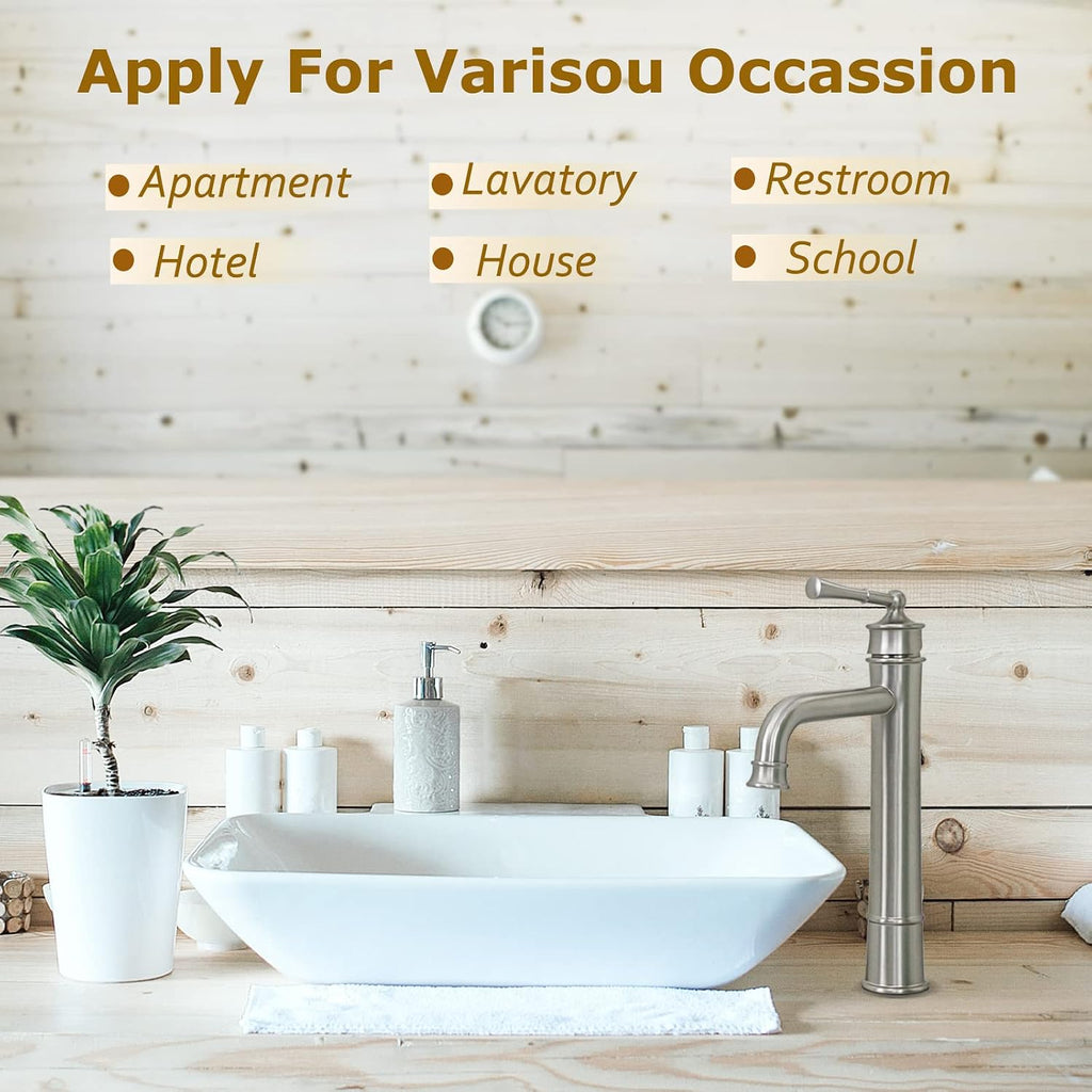 Tall Bathroom Faucet Brushed Nickel, Antique Design, Single Handle, 1 Hole Sink Mount, Pop Up Drain & Supply Lines Included, Ideal for Vessel, Vanity, Lavatory, RV, Farmhouse (L2302-BN)