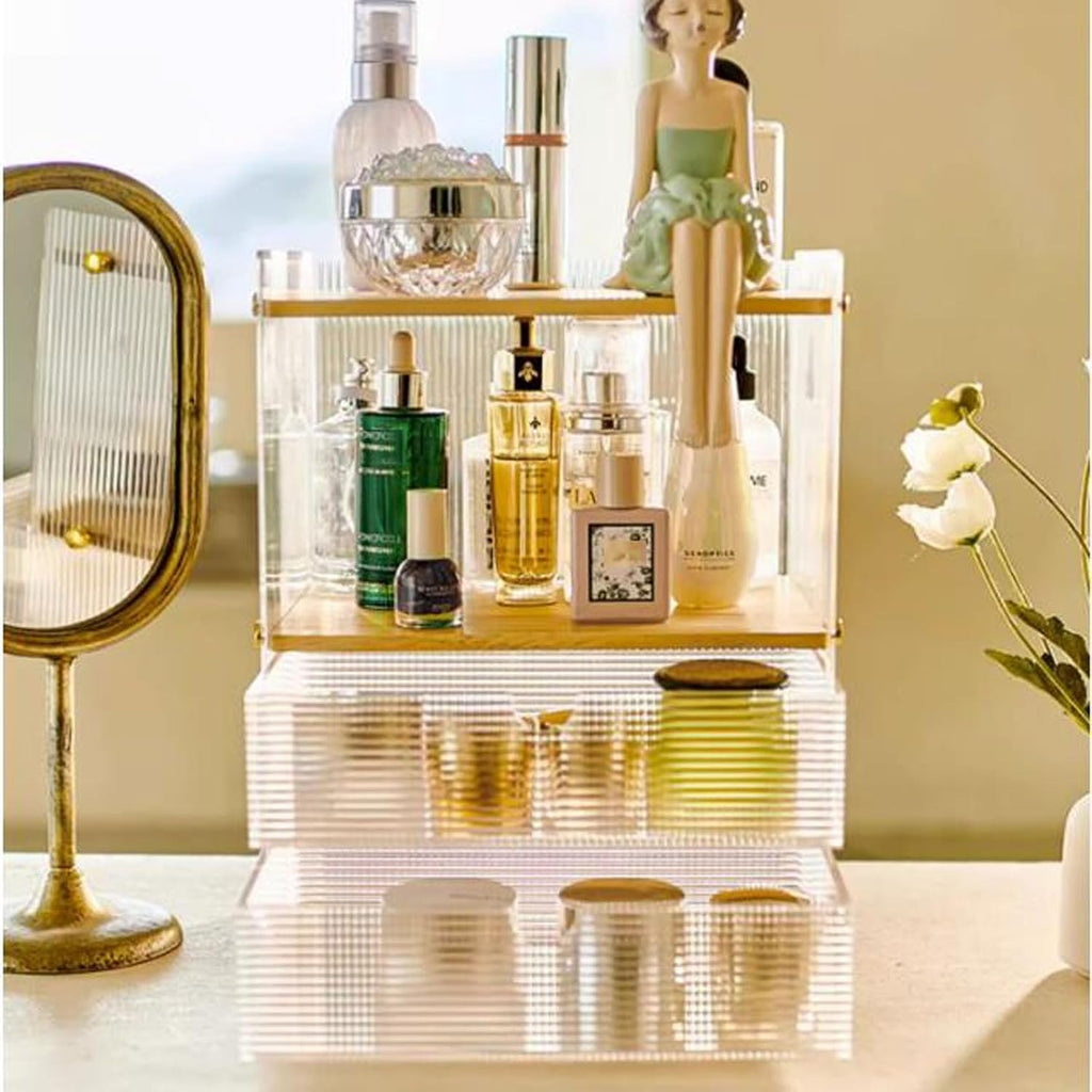 Makeup Organiser Storage Acrylic Makeup Organizer for Vanity, Multi-function Desk Organizer with 2 Drawers and Storage Cabinet,Clear Bathroom Organizer Countertop for Cosmetics,Lipsticks,Jewelry,Nail
