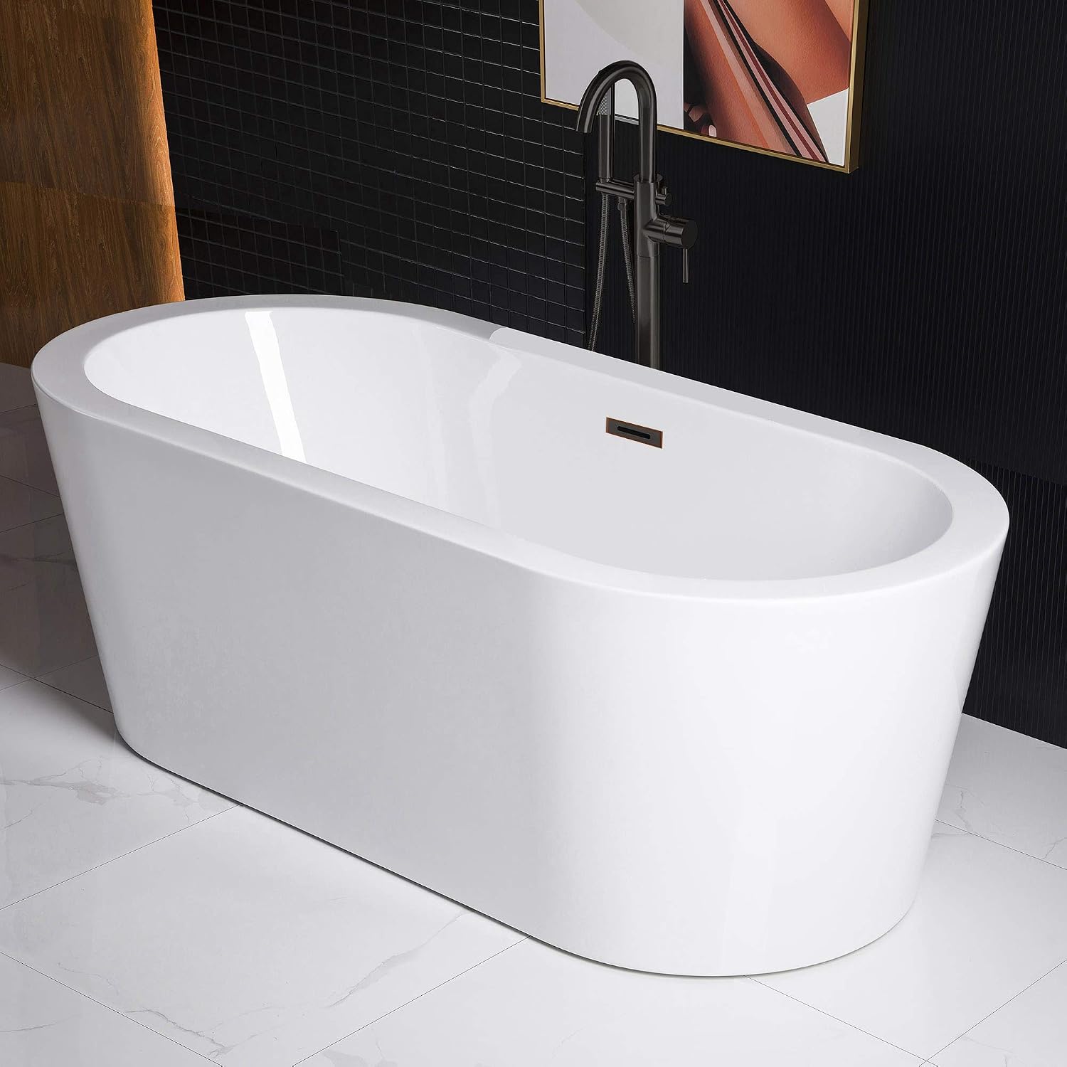 WOODBRIDGE 59' Acrylic Freestanding Bathtub Contemporary Soaking White Tub with Oil Rubbed Bronze Overflow and Drain，B0012 -ORB-Drain &O