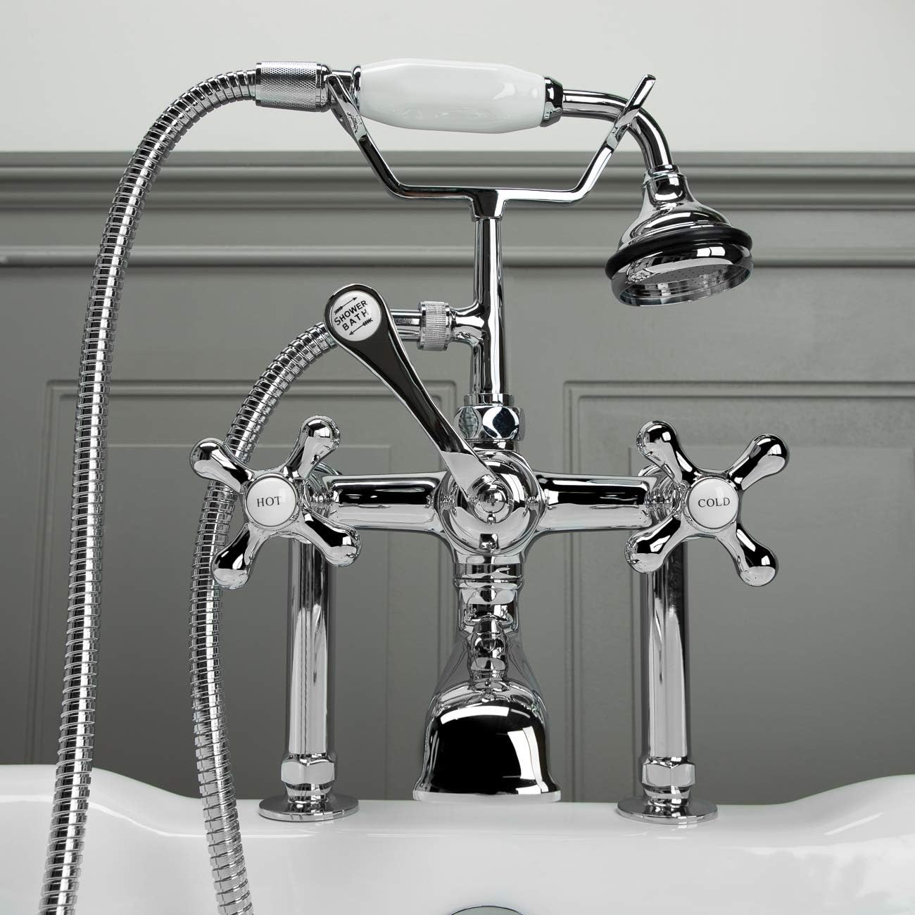 Vintage Tub & Bath Clawfoot Tub Rim Mount English Telephone Faucet with Handshower - Drain and Supply Lines Complete Set