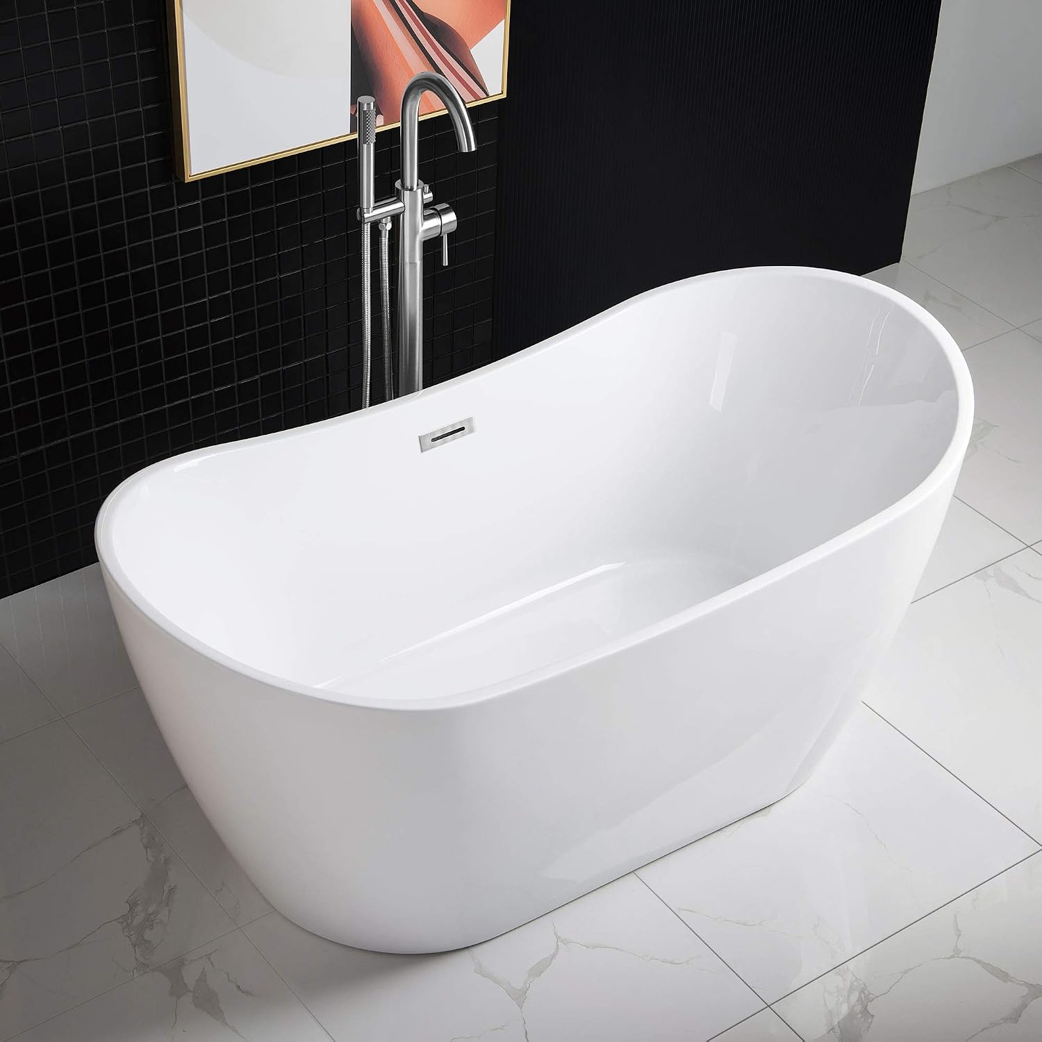 WOODBRIDGE 59' Acrylic Freestanding Bathtub Contemporary Soaking White Tub with Chrome Overflow and Drain，BTA1516-C-Drain-&O