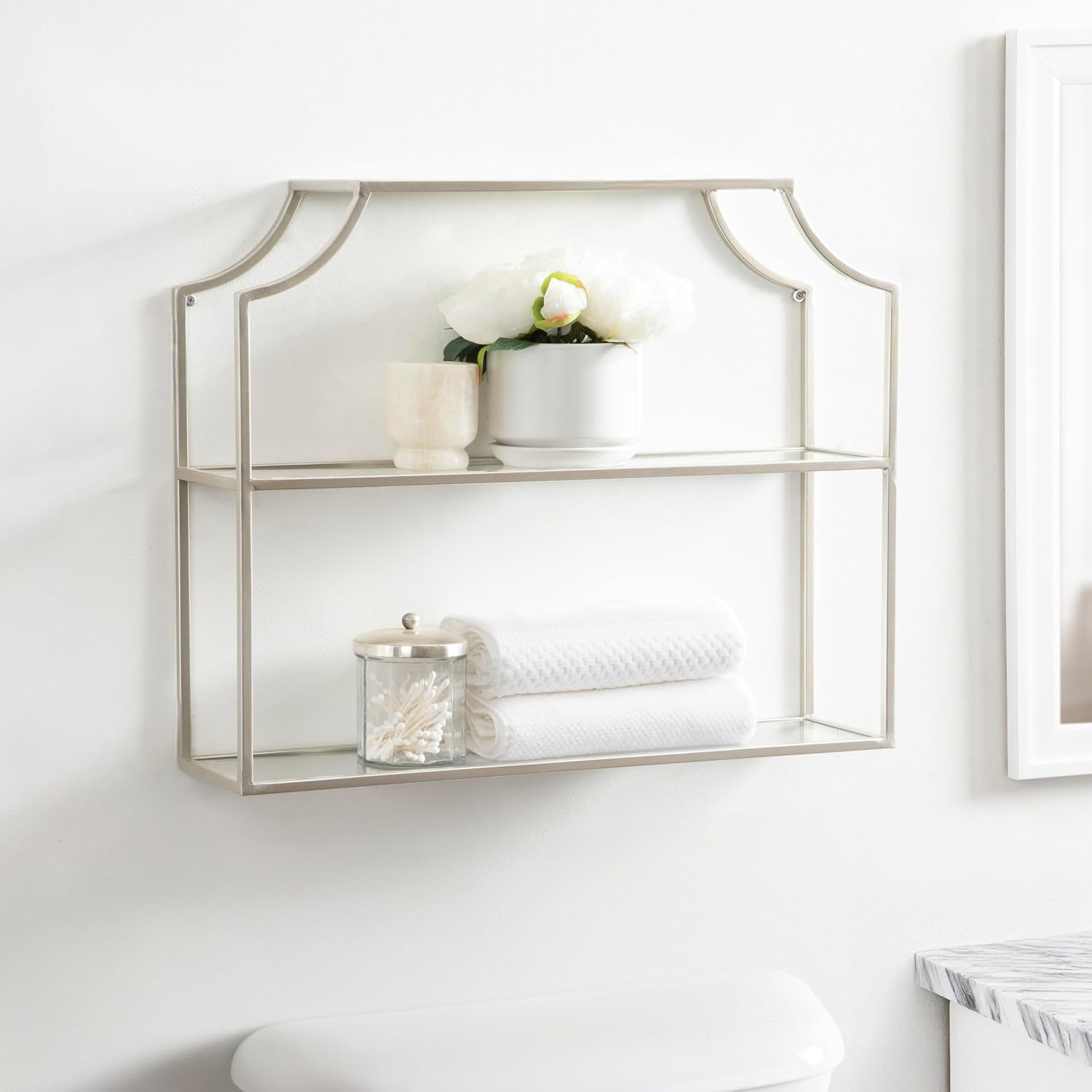 Kate and Laurel Ciel Modern Glam Wide Two-Tier Wall Shelf, 24 x 20, Silver, Tiered Bathroom Shelves for Over the Toilet Storage or Bedroom Makeup Organizer