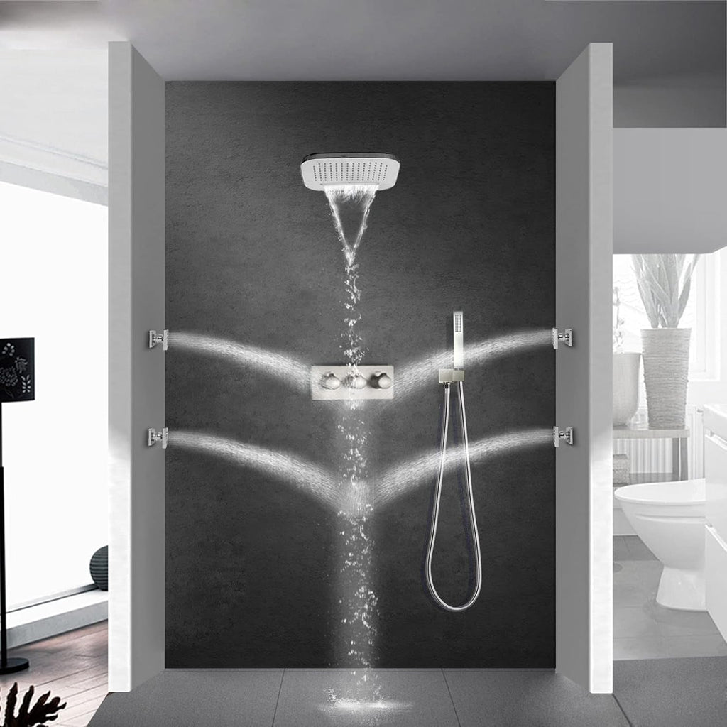Brushed Waterfall Rain Shower Head With Handheld Spray Wall Mounted Brass 8X10 Inch Rainfall Showers System Massage Spa Body Combo Set