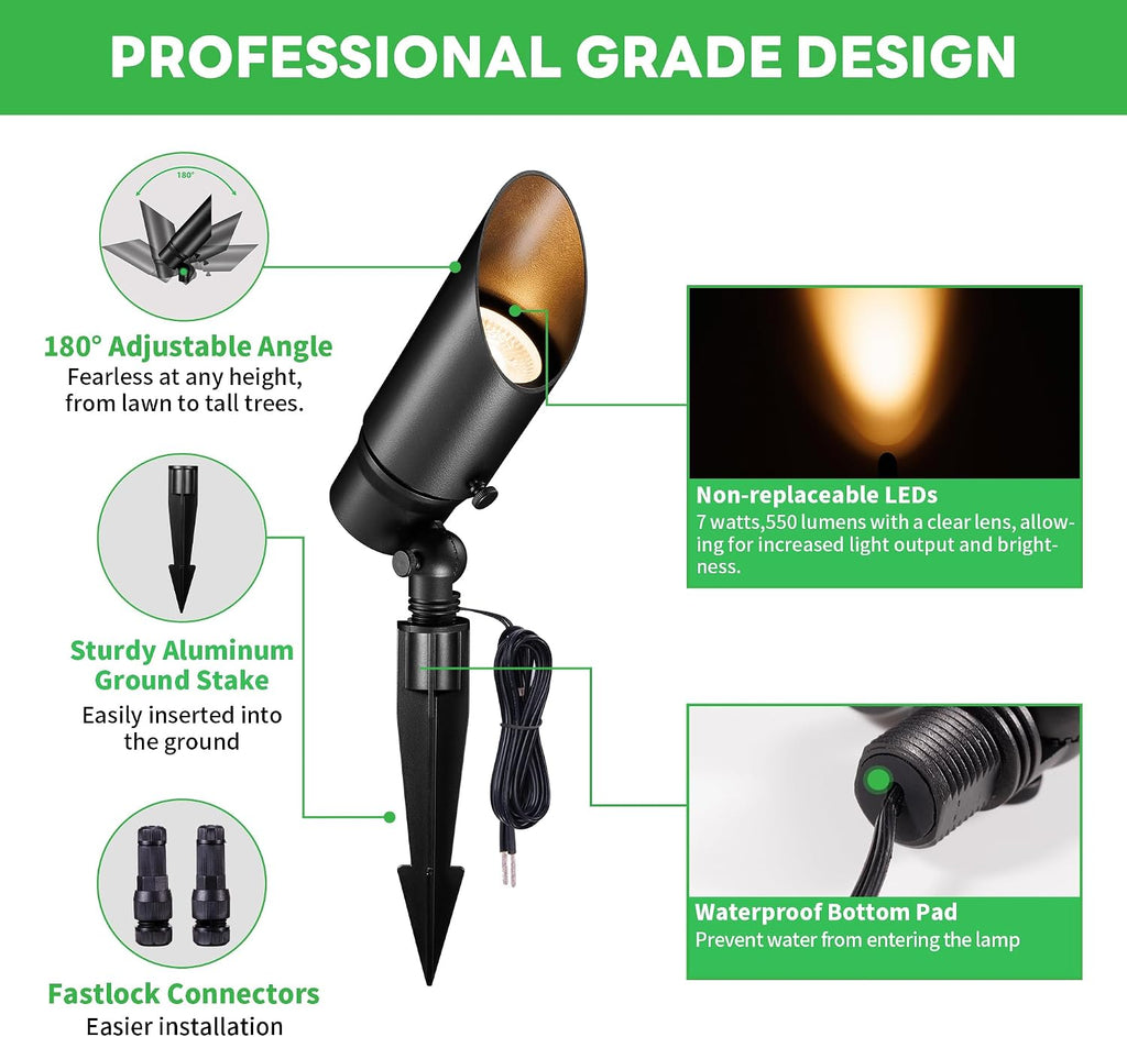Landscape Spotlights Low Voltage - Warm & Cool White Uplight Adjustable Temp, 12V Outdoor LED Spot Lights Wired, IP65 Waterproof Aluminum, Black for Exterior House Tree Garden Yard
