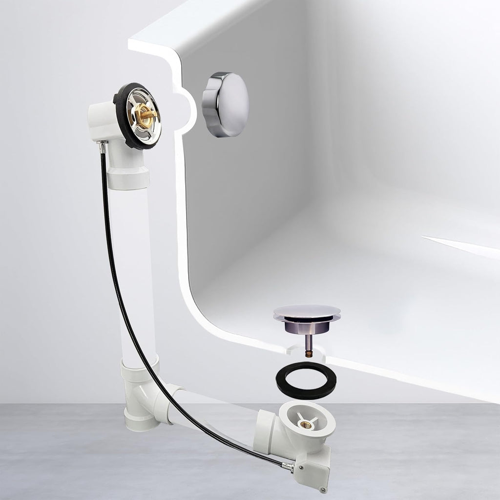 Westbrass A50P45-26 45' SCH. 40 PVC Cable Driven Bath Drain Trim Kit with Rotary Overflow Cover Knob and Pop-Up Stopper, Polished Chrome
