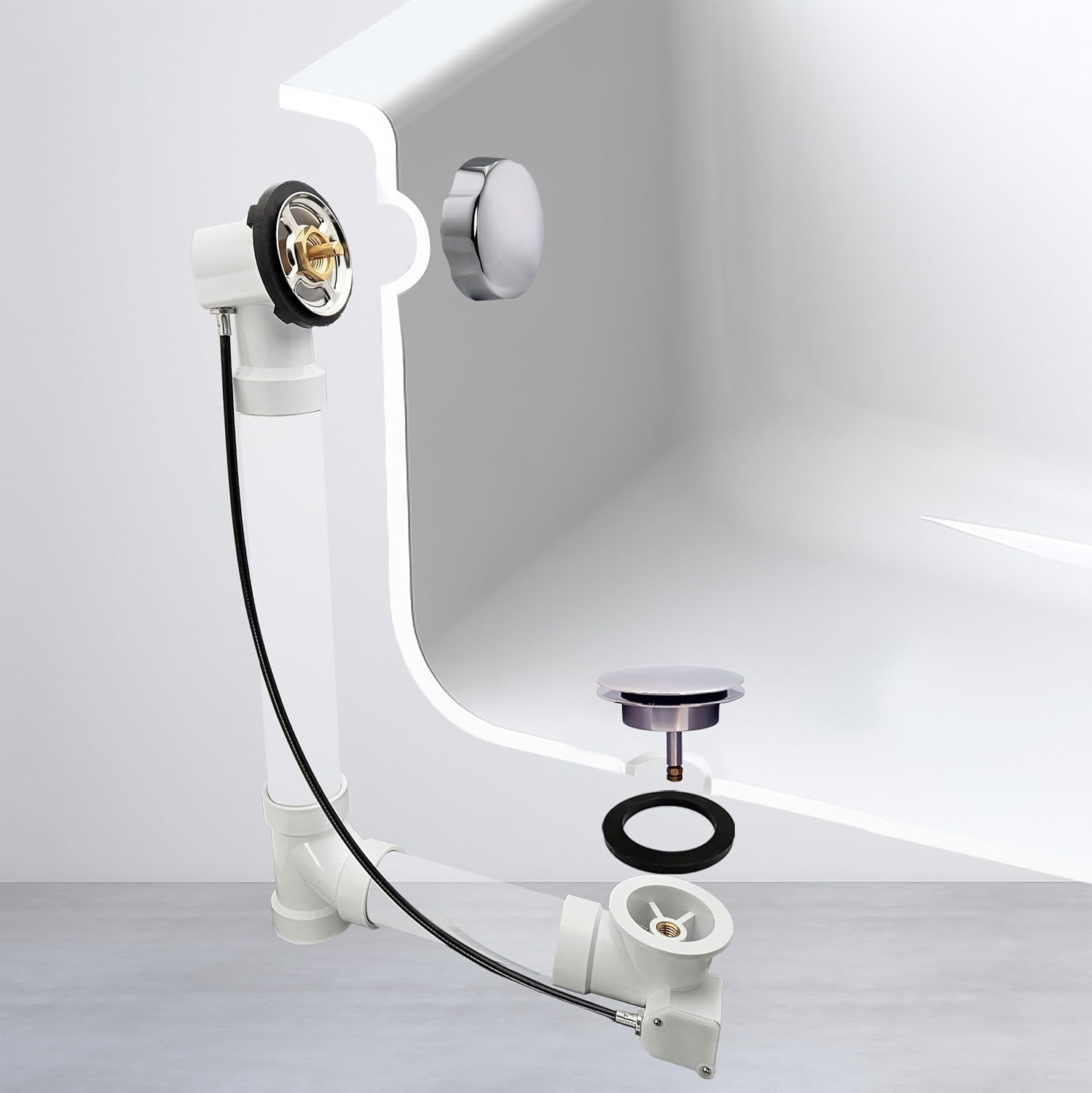 Westbrass A50P45-26 45' SCH. 40 PVC Cable Driven Bath Drain Trim Kit with Rotary Overflow Cover Knob and Pop-Up Stopper, Polished Chrome