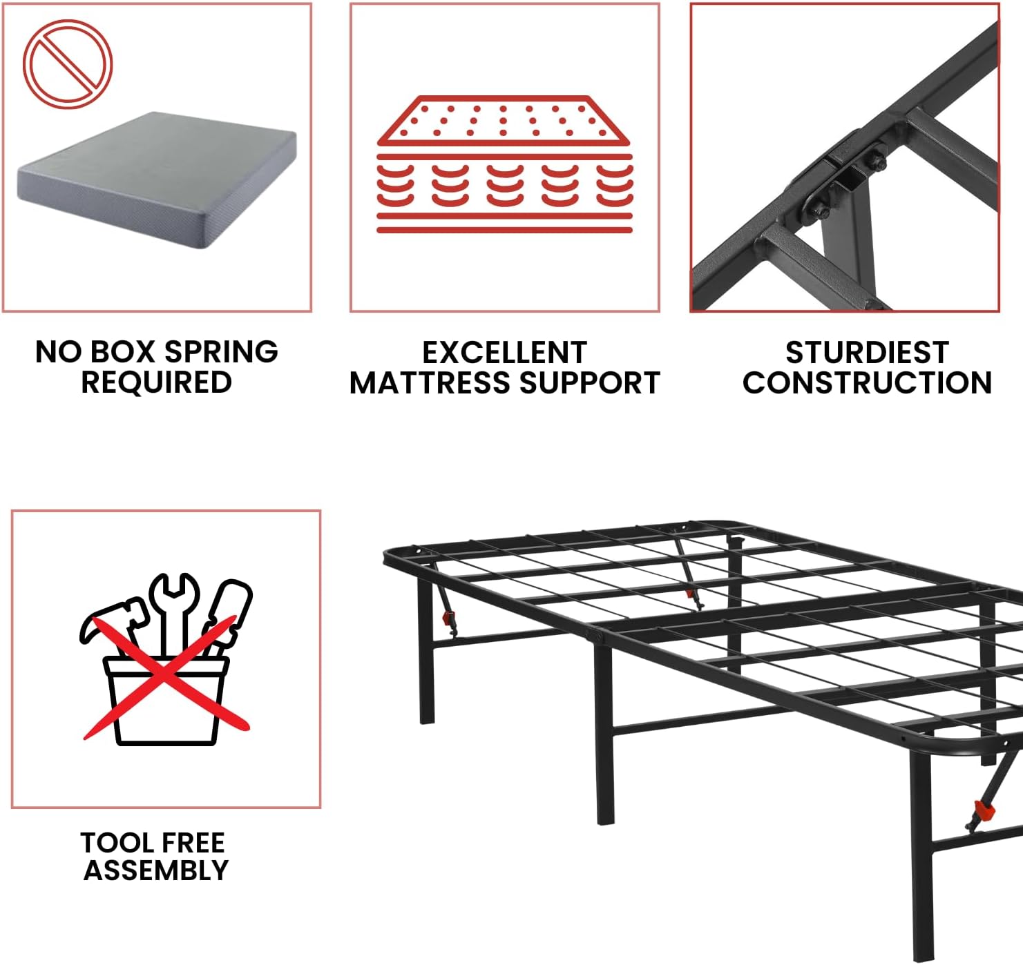 Golden Gate Beds Foldable Metal Bed Frame – Sturdy Iron Platform, No Box Spring Needed, Portable & Collapsible Design, Heavy Duty, Easy Assembly, Noise-Free, Under Bed Storage – Twin XL Size (Black)