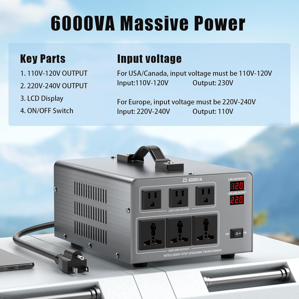 6000W Voltage Converter Transformer Step Up/Down 110V/120V to 220V/240V, Auto Voltage Recognition, Heavy Duty Power Converter with 6 Outlets, LCD Display & Circuit Breaker for Home, International Use