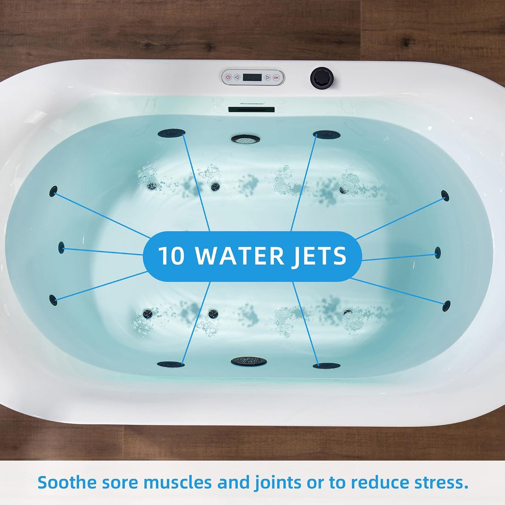 WOODBRIDGE 59' x 31-1/2' Whirlpool and Air Bath Heated Soaking Combination Tub with Adjustable Speed Air Blower and Display Control Panel, Matte Black Finish Trim and Drain Kit, BM100