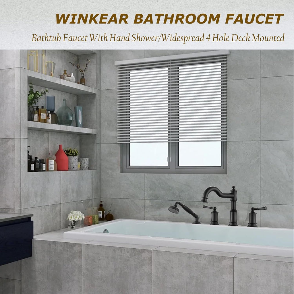 Roman Bathtub Faucet Set With Hand Shower 4 Hole Deck Mount Tub Filler With Diverter, 2 Lever Handle Rough-in Valve and Water Supply Lines Included for Bathroom Tub, Matte Black
