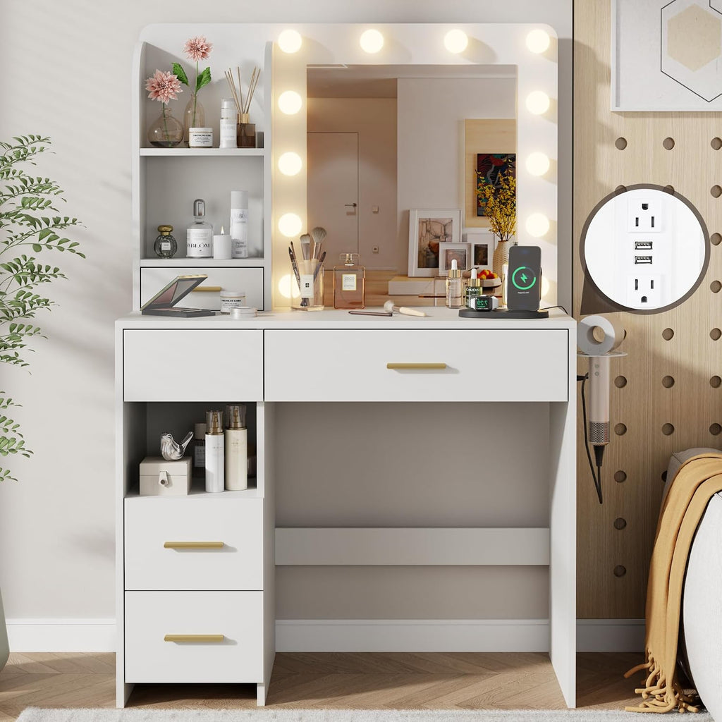 Otterease Vanity Desk with LED Lighted Mirror&Power Outlet, 3 Lighting Colors Makeup Vanity with 5 Large Drawers and 3 Storage Shelves, Vanity with Storage Stool for Bedroom, White