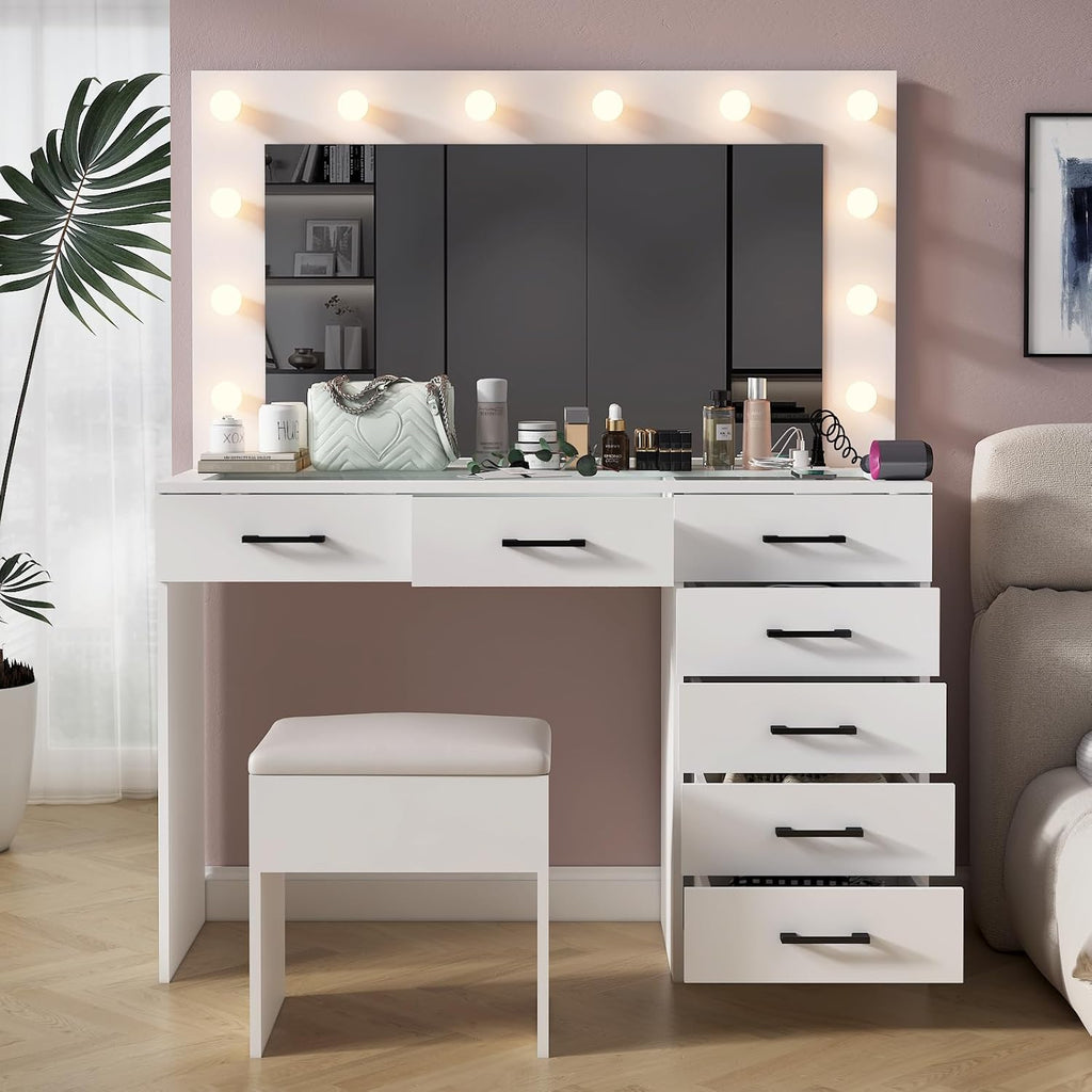 VINGLI Makeup Table with Large Mirror and 12 LED Light Bulbs, Vanity Desk Set with Padded Stool & 7 Drawers, Dressing Table with Glass Top & Charging Station for Dressing Room Bedroom, White