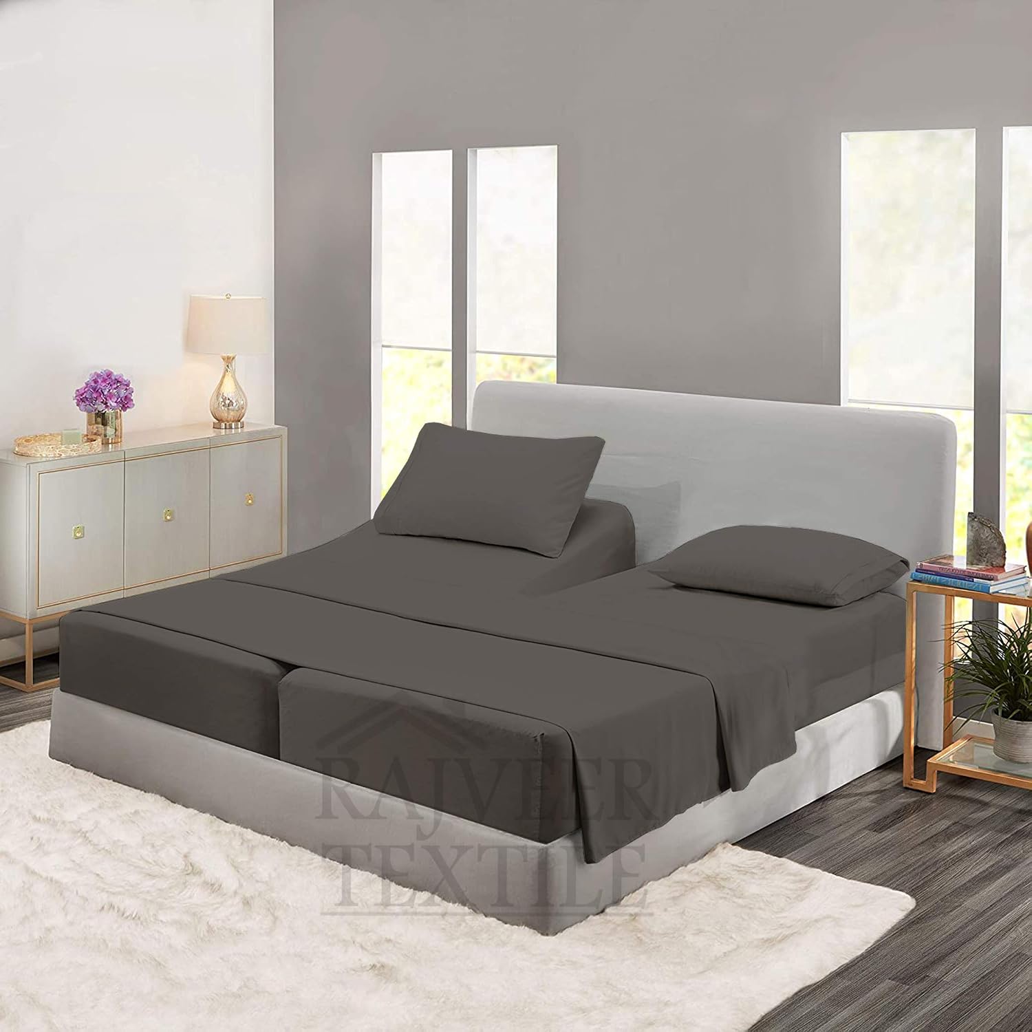 Cotton Home- 5 Pieces Split King Size Dark Grey Color Sheet Set – Soft Quality Luxury 18 Inch Deep Pocket & Bedding Set with Flat Sheet, Fitted Sheet, 2-Pillow Covers(20' x 30')Inches