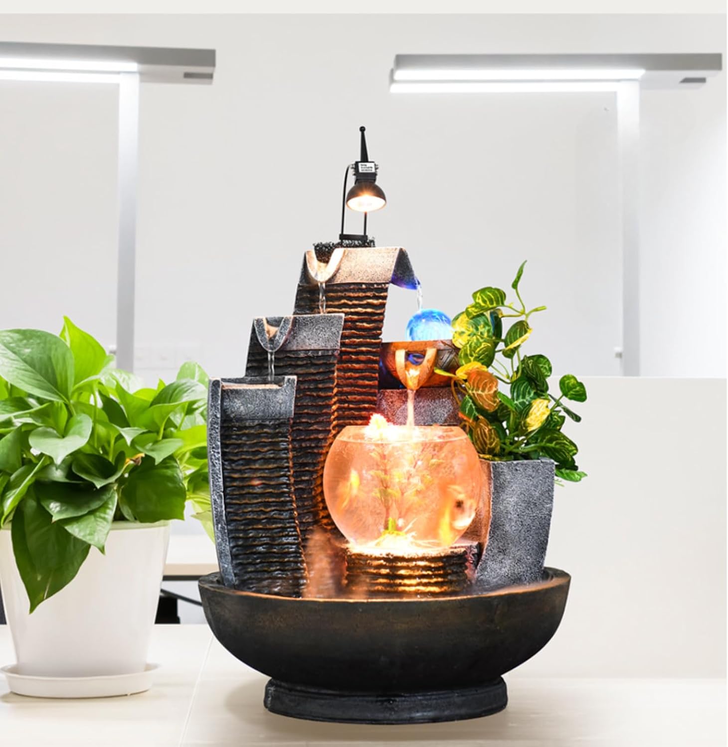 16.93' Indoor Tabletop Fountain with LED Fish Tank, Lighted Crystal Ball & Free 10 Natural Crystals – Water Feature for Home, Office, Entryway & Housewarming Gift (Fish Tank + Spotlight)