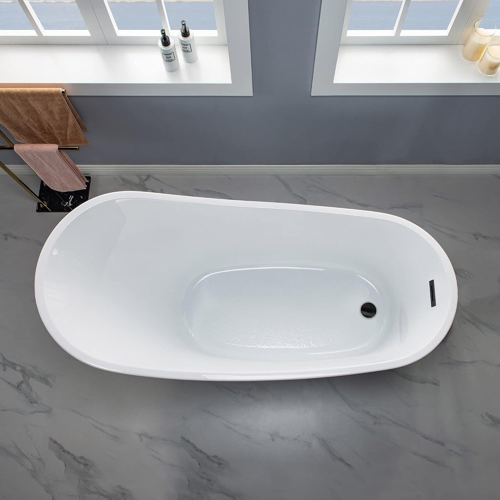 WOODBRIDGE 59' Acrylic Freestanding Bathtub Contemporary Soaking White Tub with Matte Black Overflow and Drain，B0029-MB-Drain&O