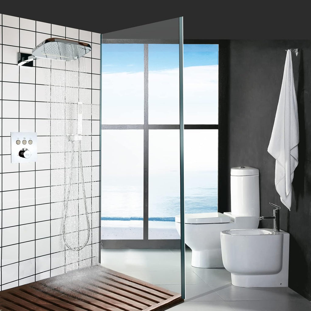 Chrome Thermostatic Shower System Fixture Set With Waterfall Rain Shower Head and Handheld (Can Use All Options at A Time)