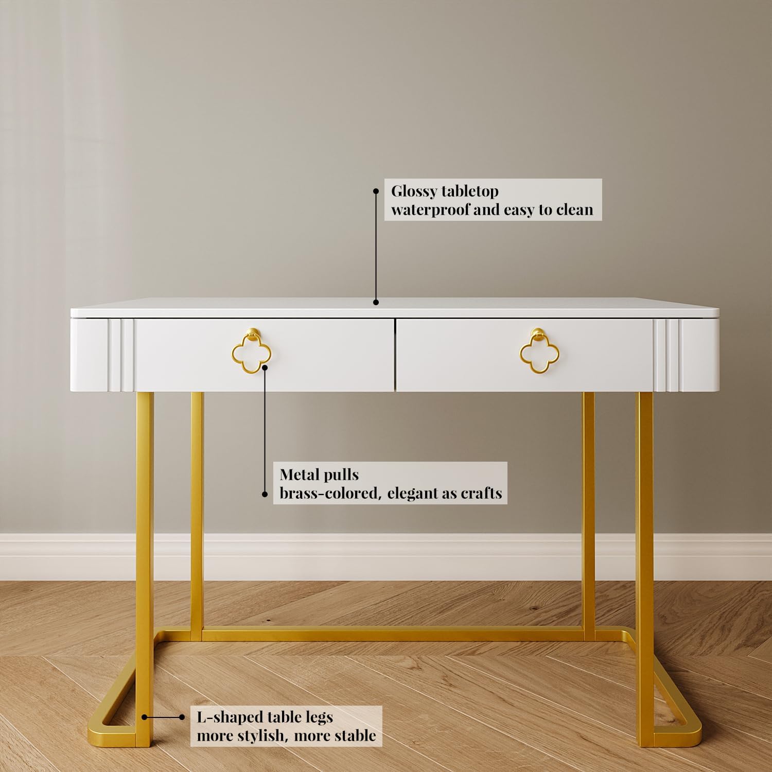 Tamworth Design White Vanity Desk with 2 Drawers, Gold and White Desk,Home Office Desk Modern Makeup Vanity Table, Entryway Console Table, Sofa Table (Deluxe Leg)