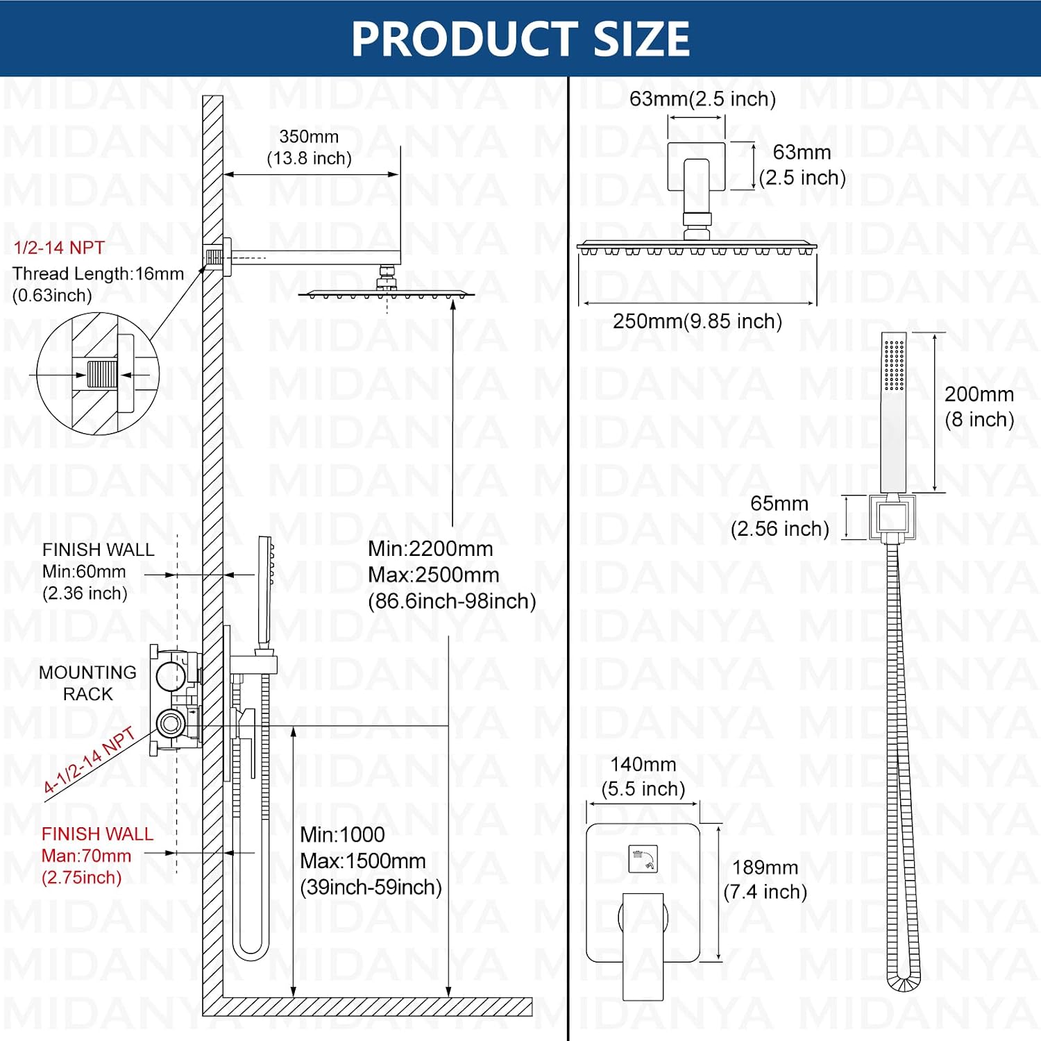 Midanya Brushed Nickel Single Handle Slotted Waterfall Vanity Bathroom Sink Faucets with 10 Inch Brushed Nickel Rain Shower Set Square Rainfall Shower Head Wall Mount Shower Faucet System