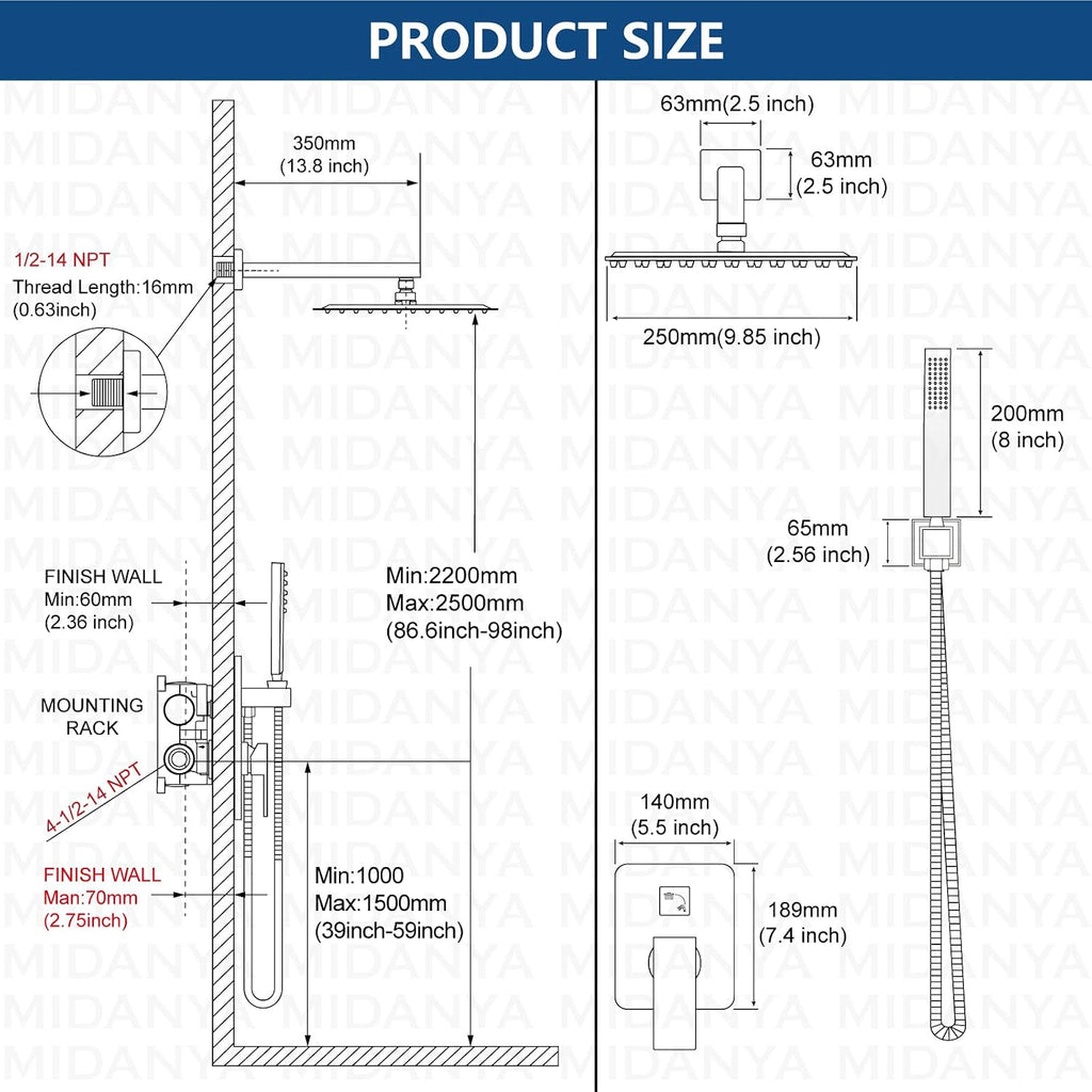 Midanya Polish Chrome 8 inch Widespread Bathroom Sink Faucet Morden Waterfall 3 Holes 2 Handles Vanity Faucet with 10 Inch Polish Chrome Wall Mount Rain Shower System Shower Faucet Set
