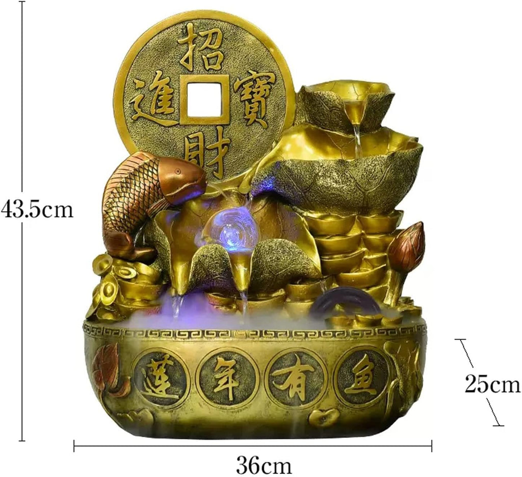 Tabletop Fountain Indoor Fountain Chinese Style Tabletop Waterfall Fountains Relaxation Water Feature Feng Shui Desktop for Home and Office Decor, Gold(Medium)
