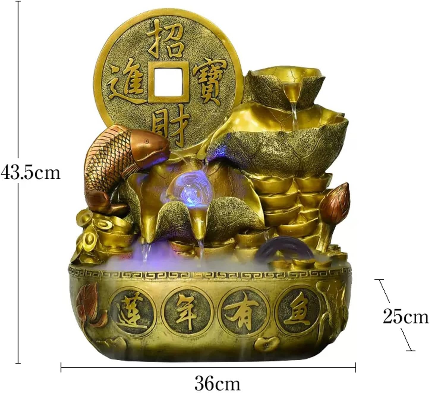 Tabletop Fountain Indoor Fountain Chinese Style Tabletop Waterfall Fountains Relaxation Water Feature Feng Shui Desktop for Home and Office Decor, Gold(Medium)