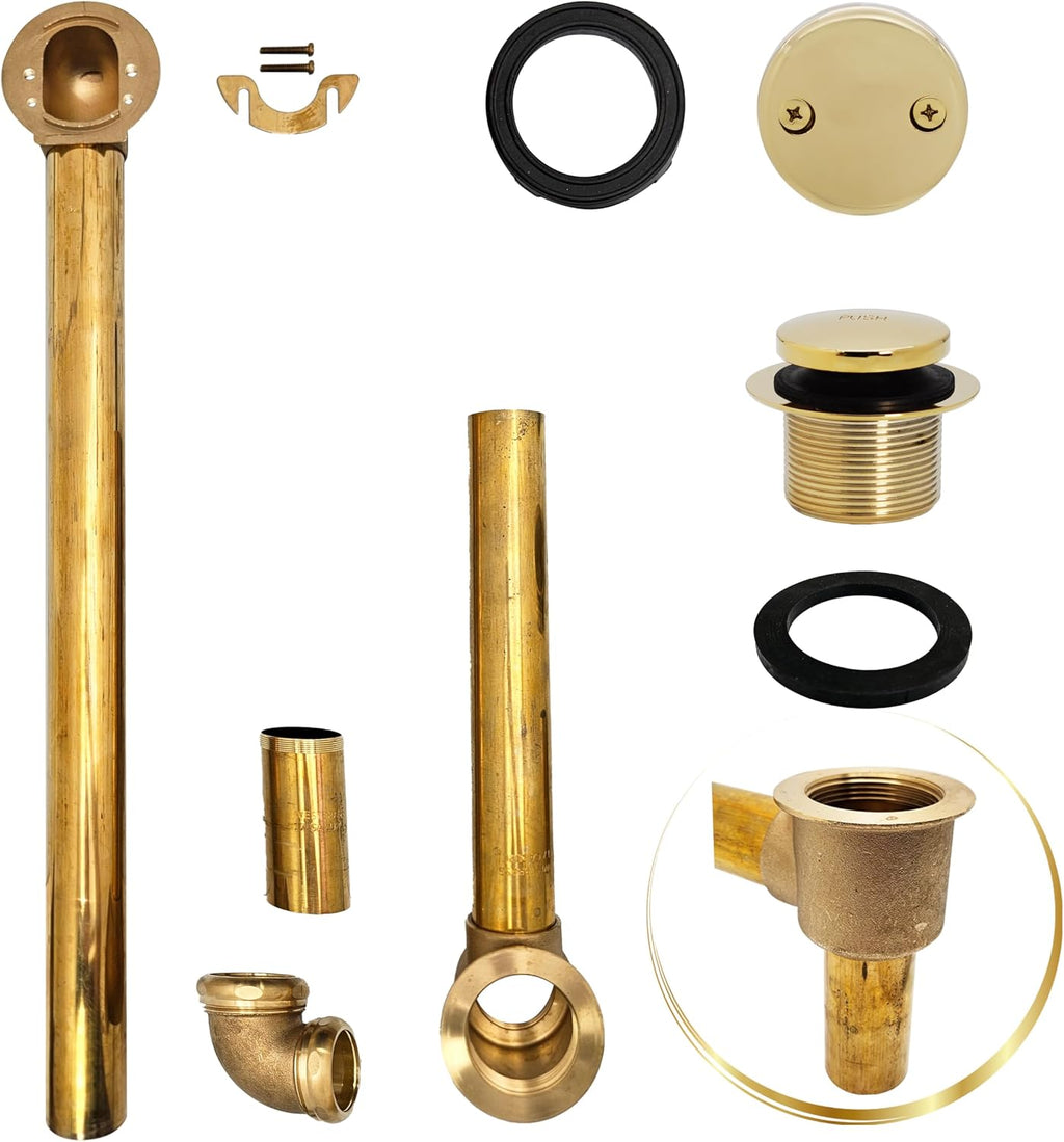 Westbrass 18' Tip-Toe Drain Trim with 2-Hole Overflow Faceplate & Direct Connect Shoe Outlet, Polished Brass, 7931817-DC-01