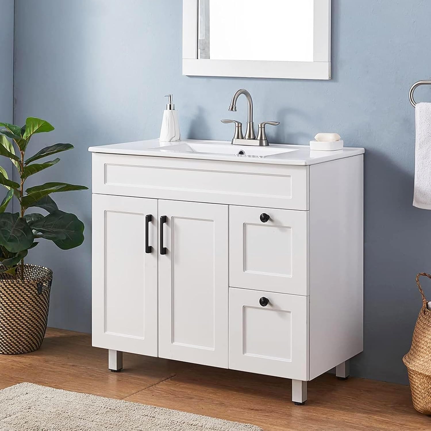 36 Inch White Freestanding Bathroom Vanity with Ceramic Sink Combo, Modern Storage Vanity with 2 Soft-Closing Doors & 2 Drawers, Ideal for Medium-Sized Bathrooms