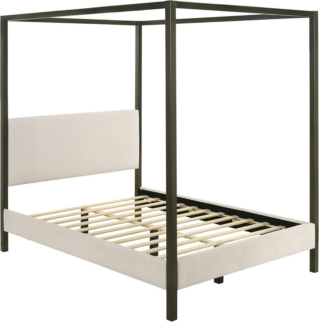 Coaster Home Furnishings - Monroe - Wood - Upholstered Canopy Bed with Four-Post Metal Frame, Padded Headboard and Transitional Style - Bedroom - Queen Size - Vanilla - 300834Q