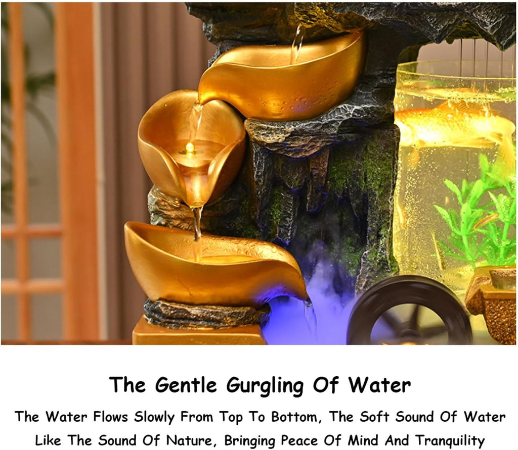 3 Tier Gold Ingot Circulating Fountain Tabletop Rockery Fountain w/LED Light, Fish Tank, LED Light, Fake Plants, Atomizing Humidifier