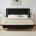 Furnify Full Platform Bed Frame, Velvet Upholstered Bedframe with Vertical Channel Adjustable Headboard, Golden Plating Trim, Mattress Foundation with Wooden Slats, No Box Spring Needed, Black