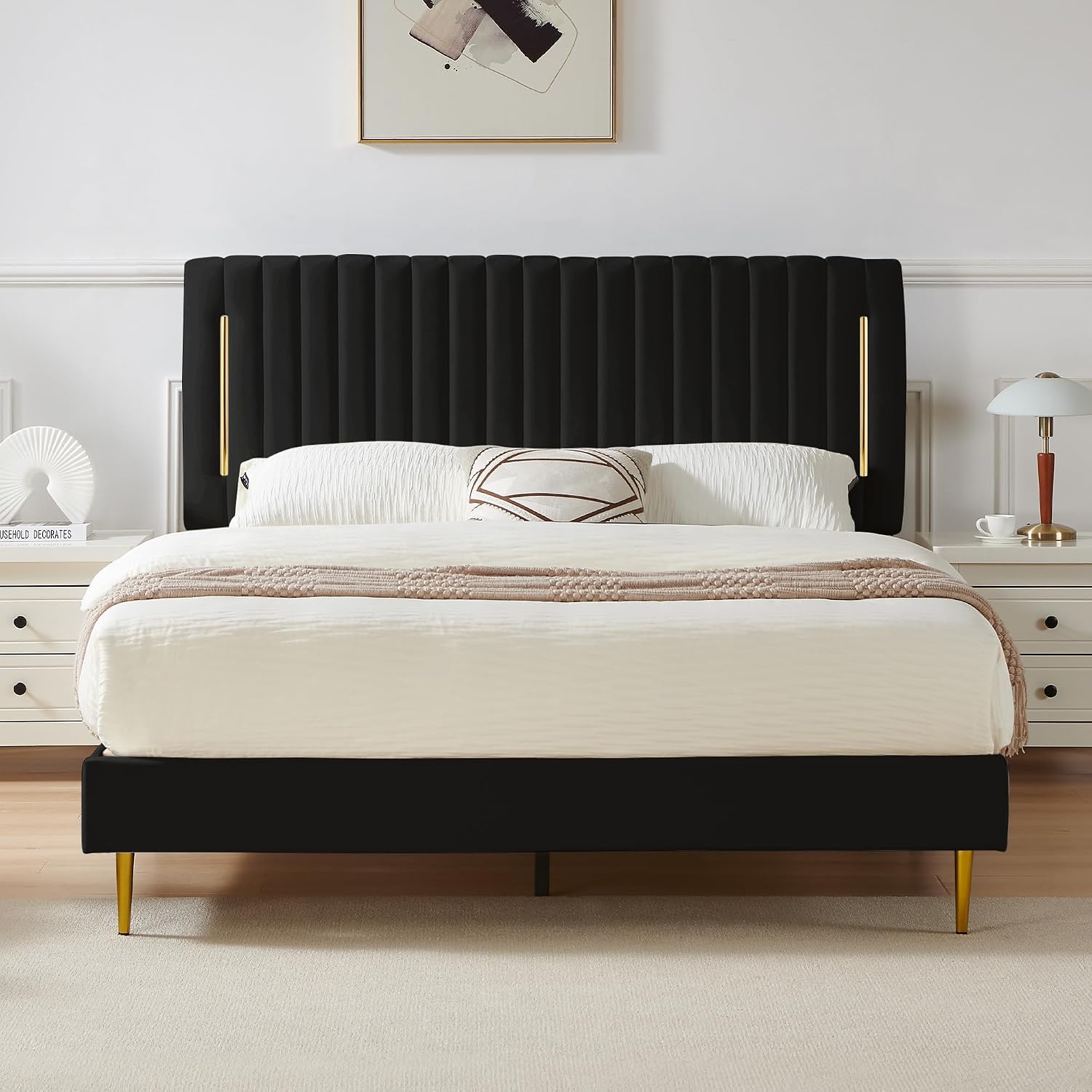 Furnify Full Platform Bed Frame, Velvet Upholstered Bedframe with Vertical Channel Adjustable Headboard, Golden Plating Trim, Mattress Foundation with Wooden Slats, No Box Spring Needed, Black