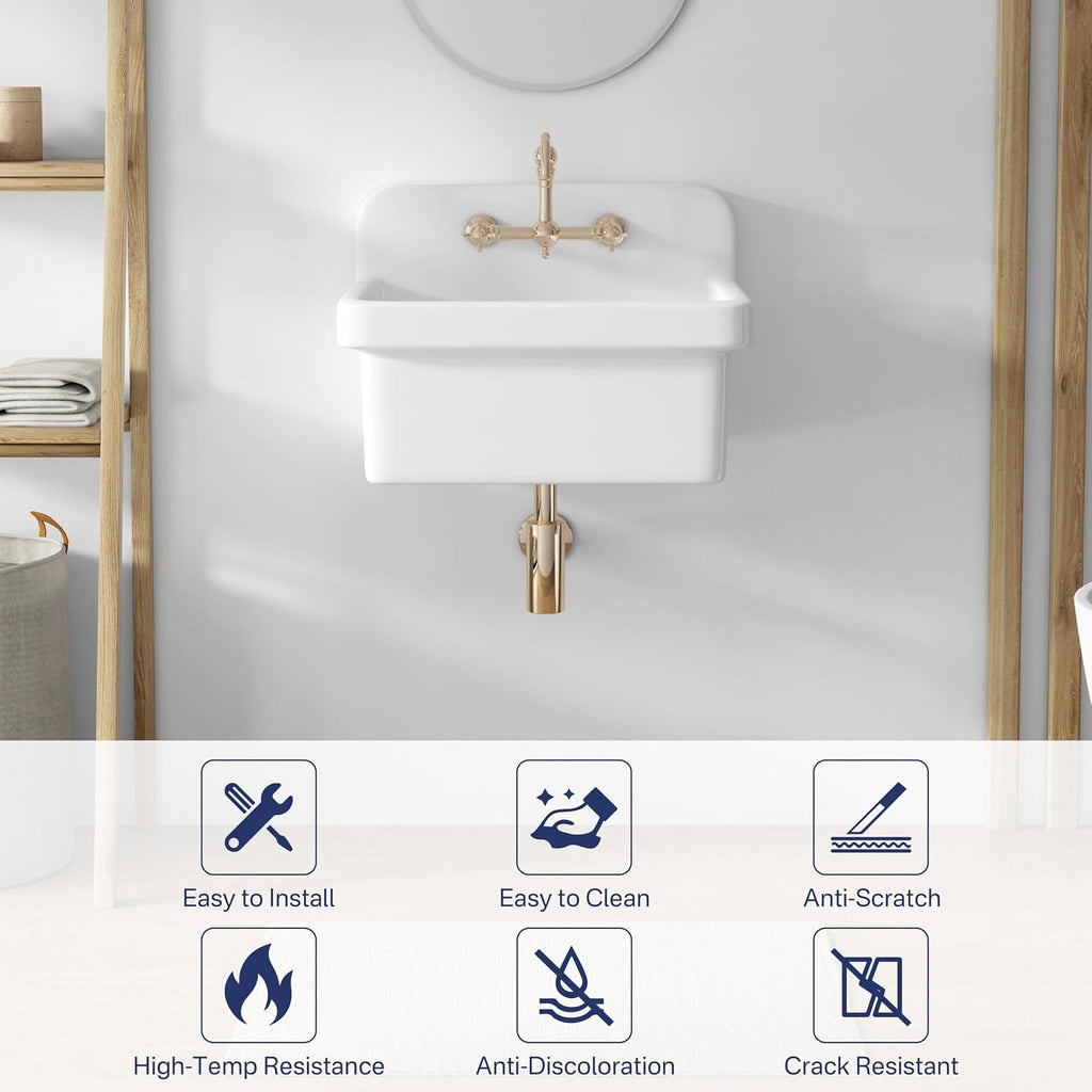 Eridanus 24 Inch Utility Sink, Farmhouse Kitchen Sink Wall Mounted Laundry Sink Floating Porcelain Ceramic Trough High Back for Garage, Workshop, Washing Room, Bathroom, 24' x 19' x 16.5'