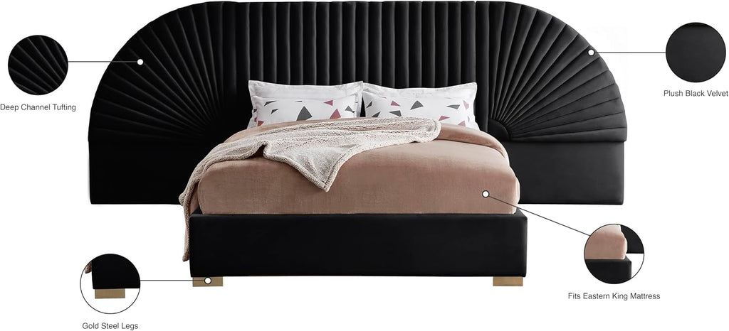 Meridian Furniture Cleo Collection Modern | Contemporary Velvet Upholstered Bed with Gold Steel Legs and Removable Panels, King, Black