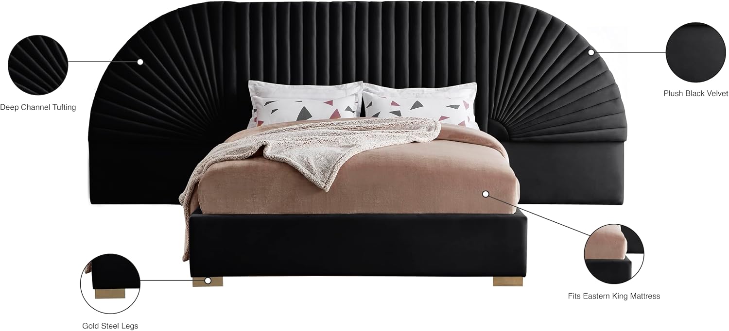 Meridian Furniture Cleo Collection Modern | Contemporary Velvet Upholstered Bed with Gold Steel Legs and Removable Panels, King, Black