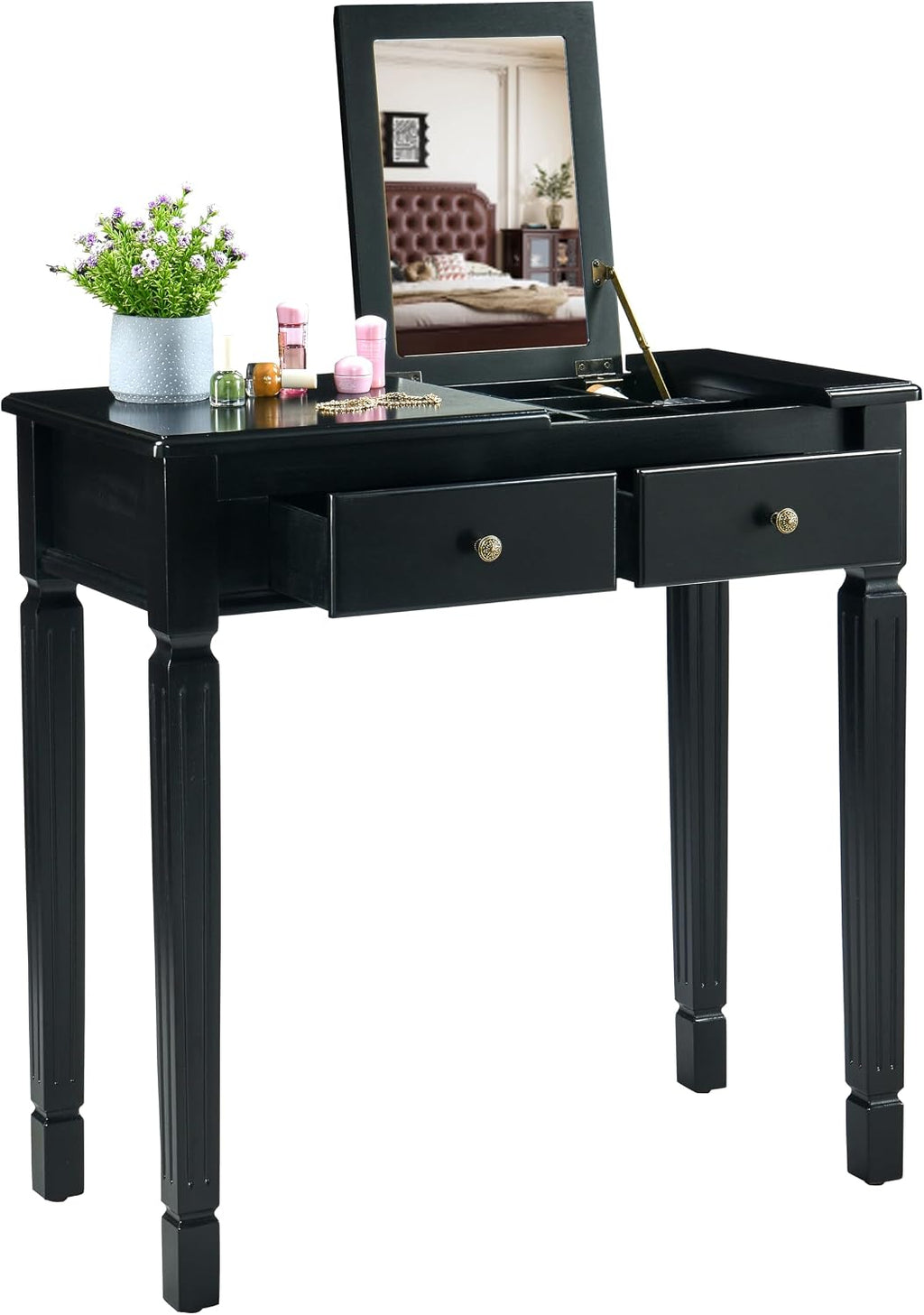 Small Makeup Vanity Desk Table with Flip-Top Mirror and Hidden Storage Compartments, Wood Computer Writing Desk with 2 Drawers, Easy Assembly Dressing Table for Bedroom Black SZT-D0036-BK