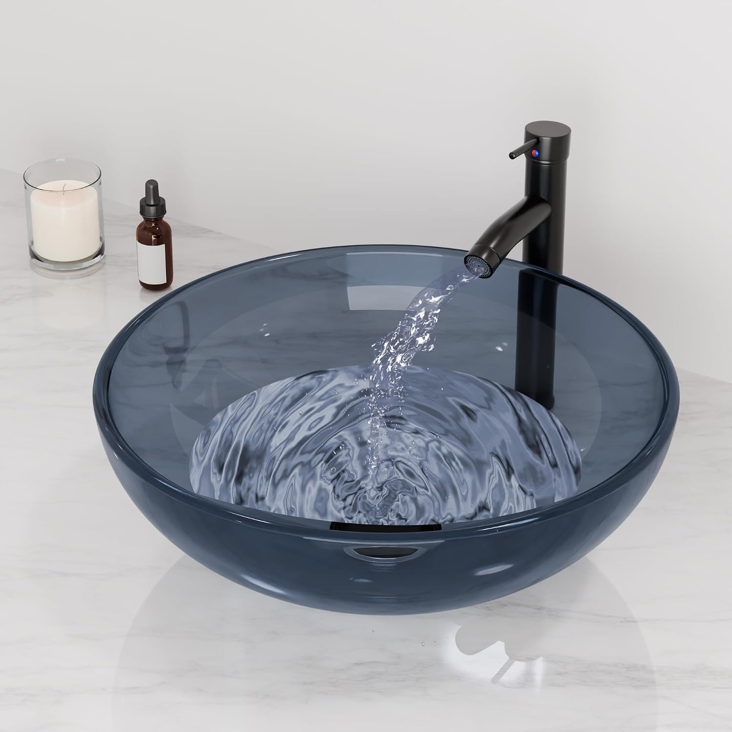 Design Vessel Sink Bathroom Sink above counter Small Vessel Sink Bathroom Sink Bowl Countertop Modern Sinks with faucet and drain combo 16.5' Round Transparent New