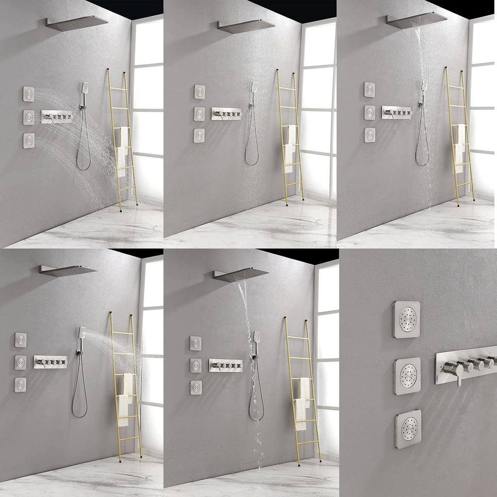 Luxury Thermostatic Waterfall Wall Mounted Rain Shower System with 3 Body Sprays & Handheld Shower Bathroom Shower Combo Set,Solid Brass Rough-in Valve Included for Bathroom (Brushed Nickel)