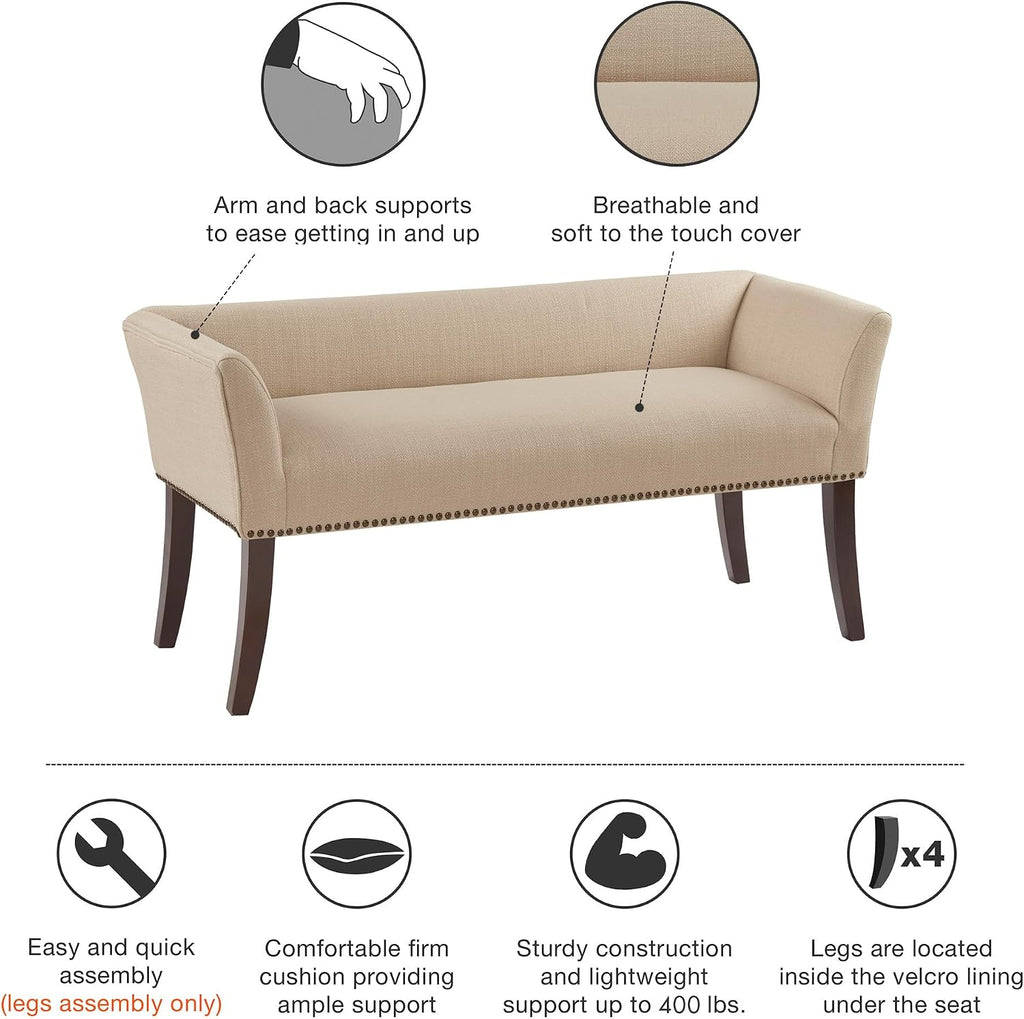 Madison Park Accent Bench, Upholstered with Nailhead Trim, & Padded Seat Entryway Bench Small, End of Bed Bench with Back, 49.5' W x 19.25' D x 23' H, Tan