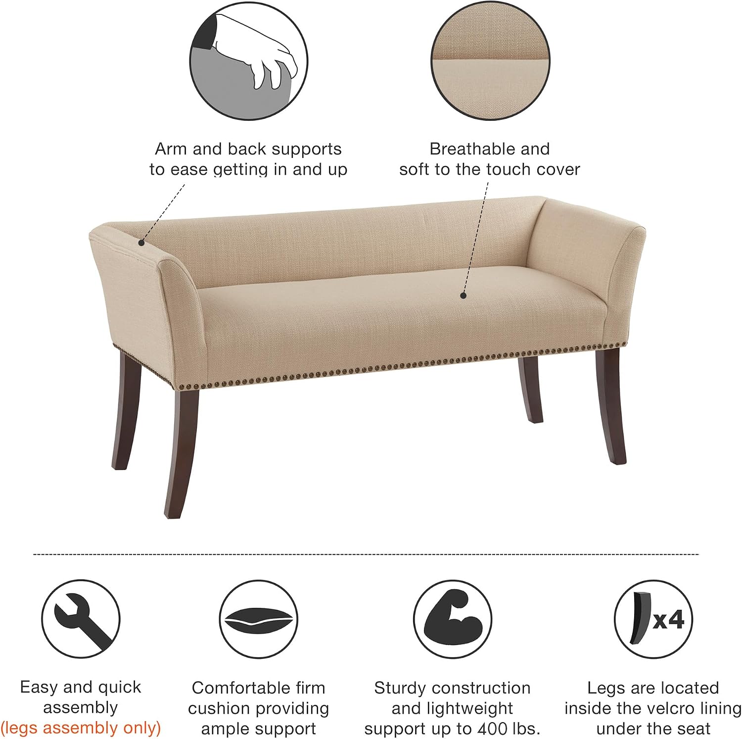Madison Park Accent Bench, Upholstered with Nailhead Trim, & Padded Seat Entryway Bench Small, End of Bed Bench with Back, 49.5' W x 19.25' D x 23' H, Tan