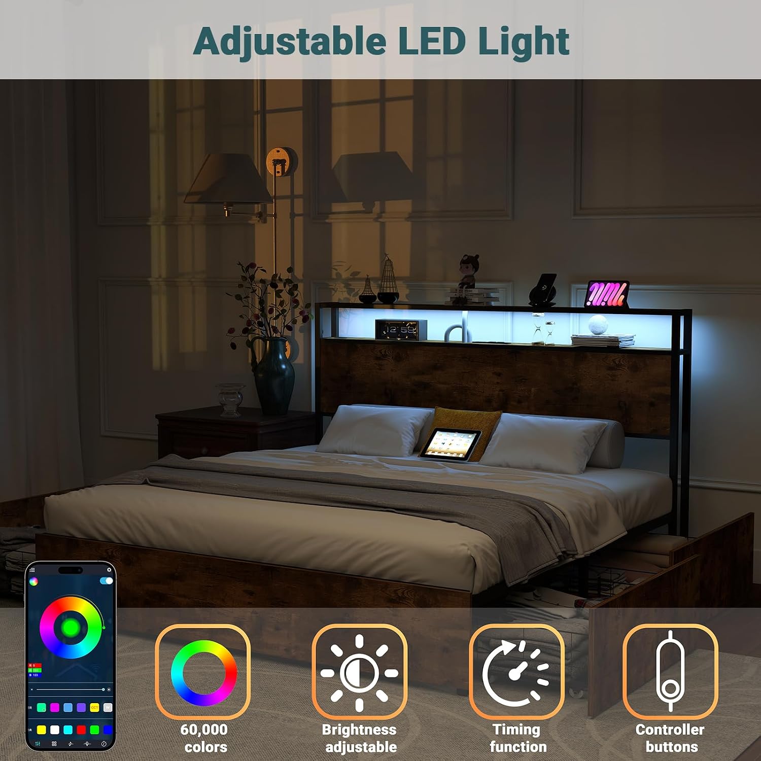 Zevemomo Queen Bed Frame with 4 Storage Drawers, Queen Size Platform Bed Frame with Headboard, Built-in Charging Station & LED Lights, No Box Spring Needed