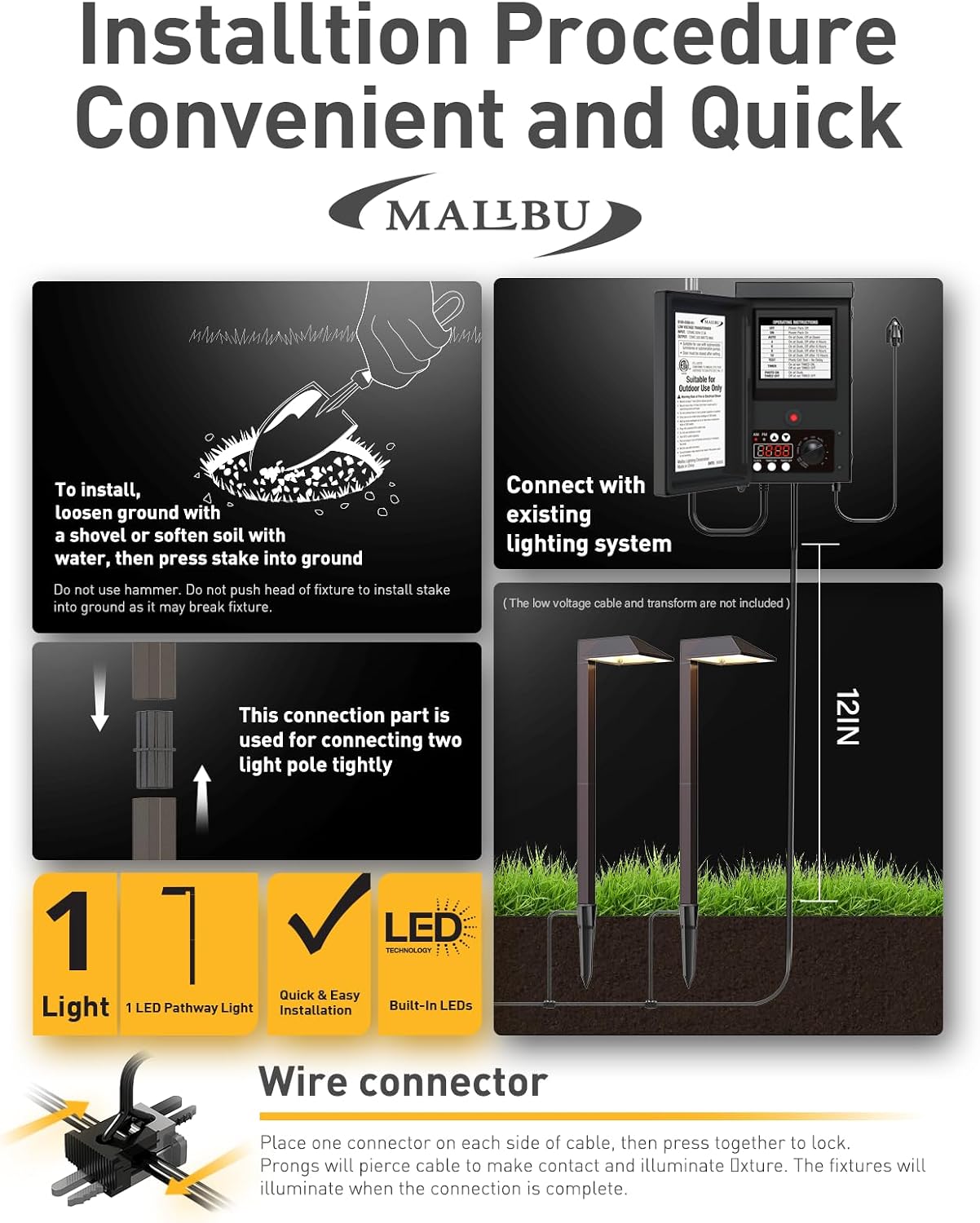 Malibu Low Voltage Landscape Lighting 0.6W LED Pathway Lights Outdoor Landscape Path Lights Wired with Connectors 22 Lumen Warm White Walkway Lights for Garden Yard Lawn 8Pack