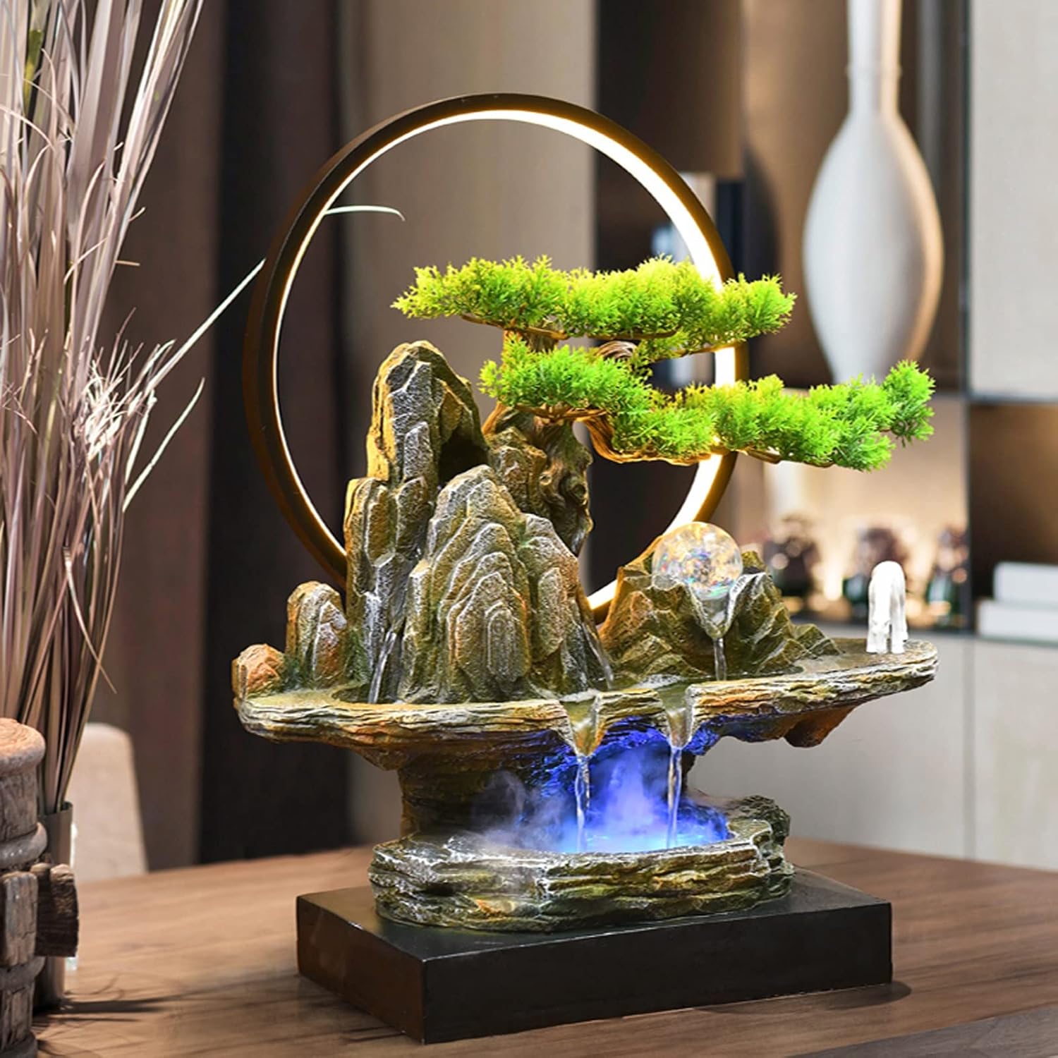 Tabletop Water Fountain Tabletop Water Fountain Rock Falls Fountains Indoor Waterfall Fountain Tabletop Fountains Chinese Artificial Bonsai Interior Decorations with LED Light Indoor Fountain(Small)